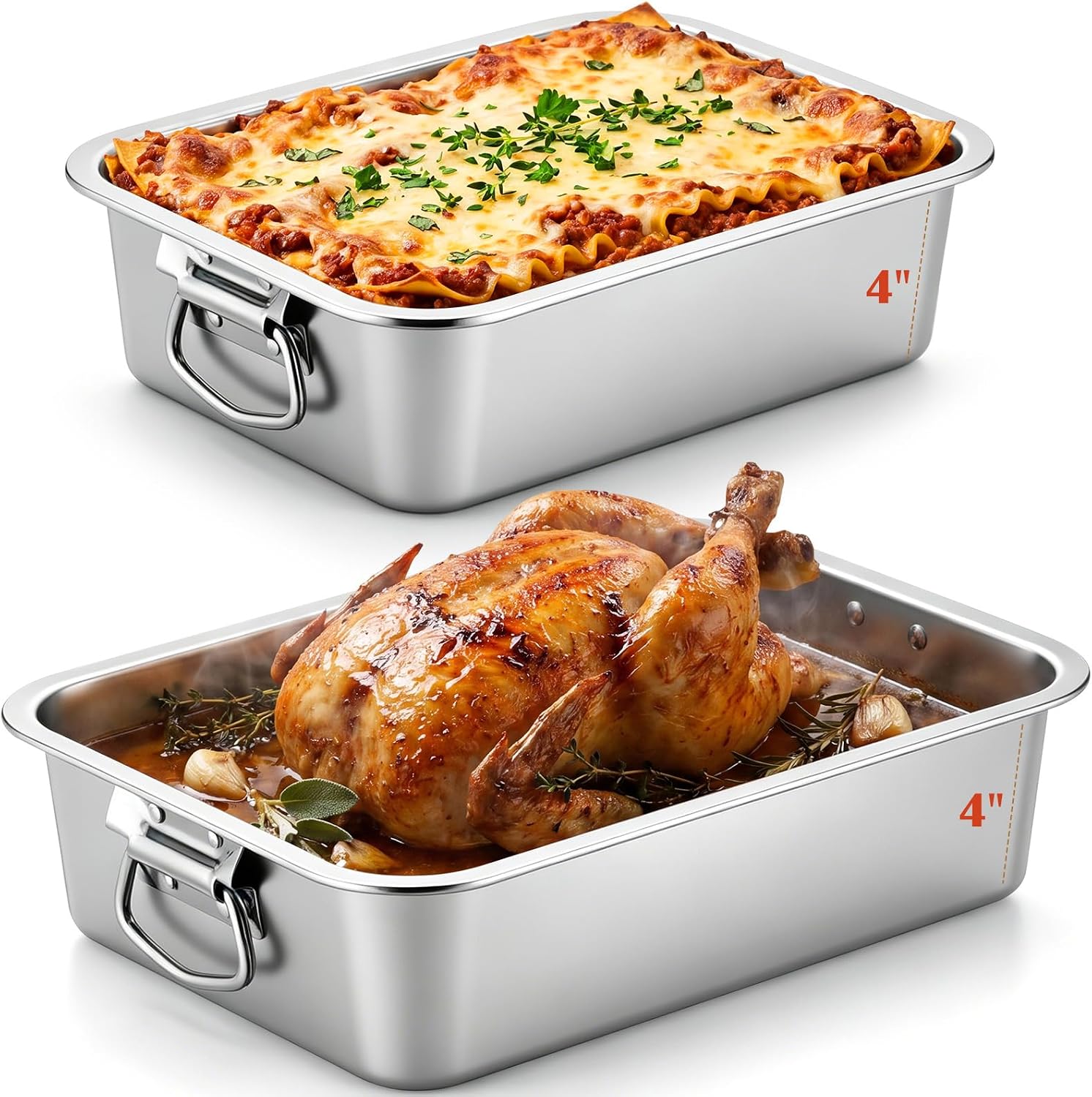 Domensi 2 Pcs 4'' Deep Stainless Steel Lasagna ‌Pan 14.2 Inch 15.7 Inch Large Roasting Pan with Handles Nonstick Rectangle Baking Dish Oven Roaster for Turkey Chicken Roasts Family Kitchen, Silver