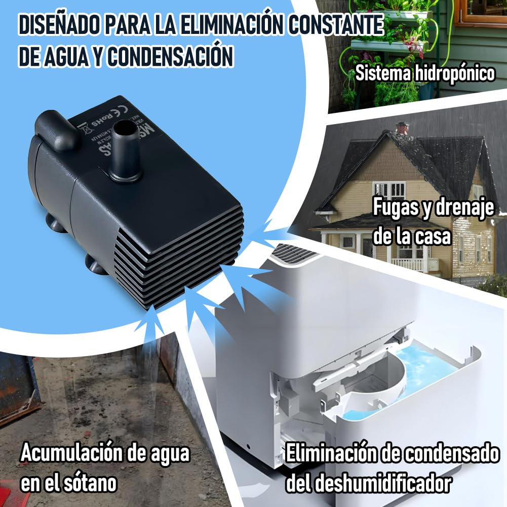 Bomba de sumidero pequeña automática con sensor de agua, elevación de 2,5 m, 280 L/h con tubo de 1,8 m, mini bomba de extracción de condensado HVAC de 115/230 V con interruptor flotante para