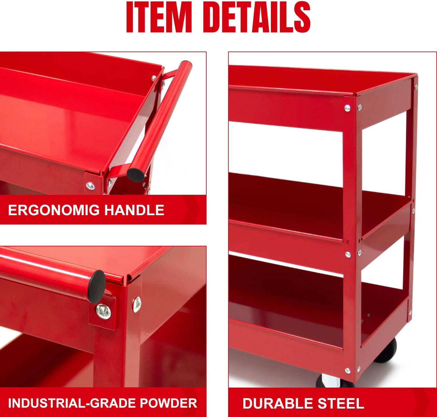 Heavy Duty 3-Tier Rolling Tool Cart with 2 Brakes - 32 x 14 Inch Metal Utility Cart, 400 lb Capacity, Mobile Service Cart for Garage, Workshop, Warehouse & Office (Red)
