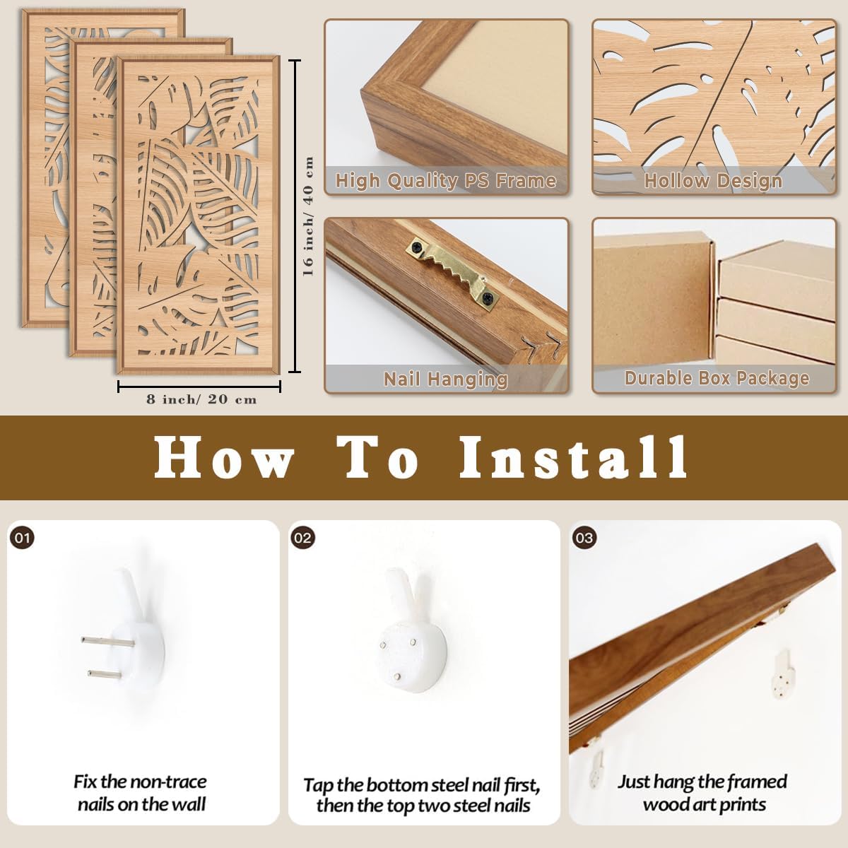 IARTTOP Tropical leaf Wood Wall Decor Framed Palm Monstera Leaves Wooden Wall Art Coastal Hawaii Art decor 7.87x15.75 Inch Set of 3 for Living room Bedroom Office