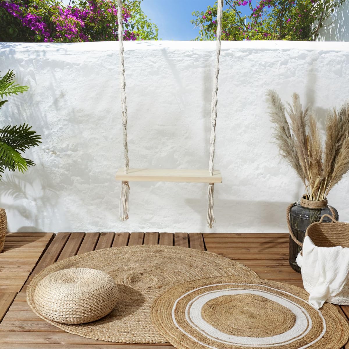 Balançoire en Bois Macramé 150cm Blanc & Naturel