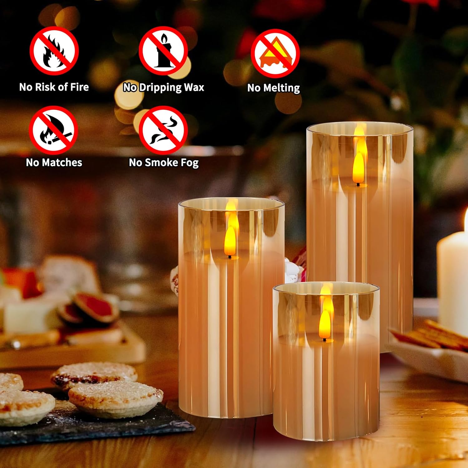 Flickering Flameless Candles with Remote,4", 5", 6" x 3" Diameter Glass Battery Operated LED Candles for Festival Wedding Home Party Decor(Pack of 3)-Brown