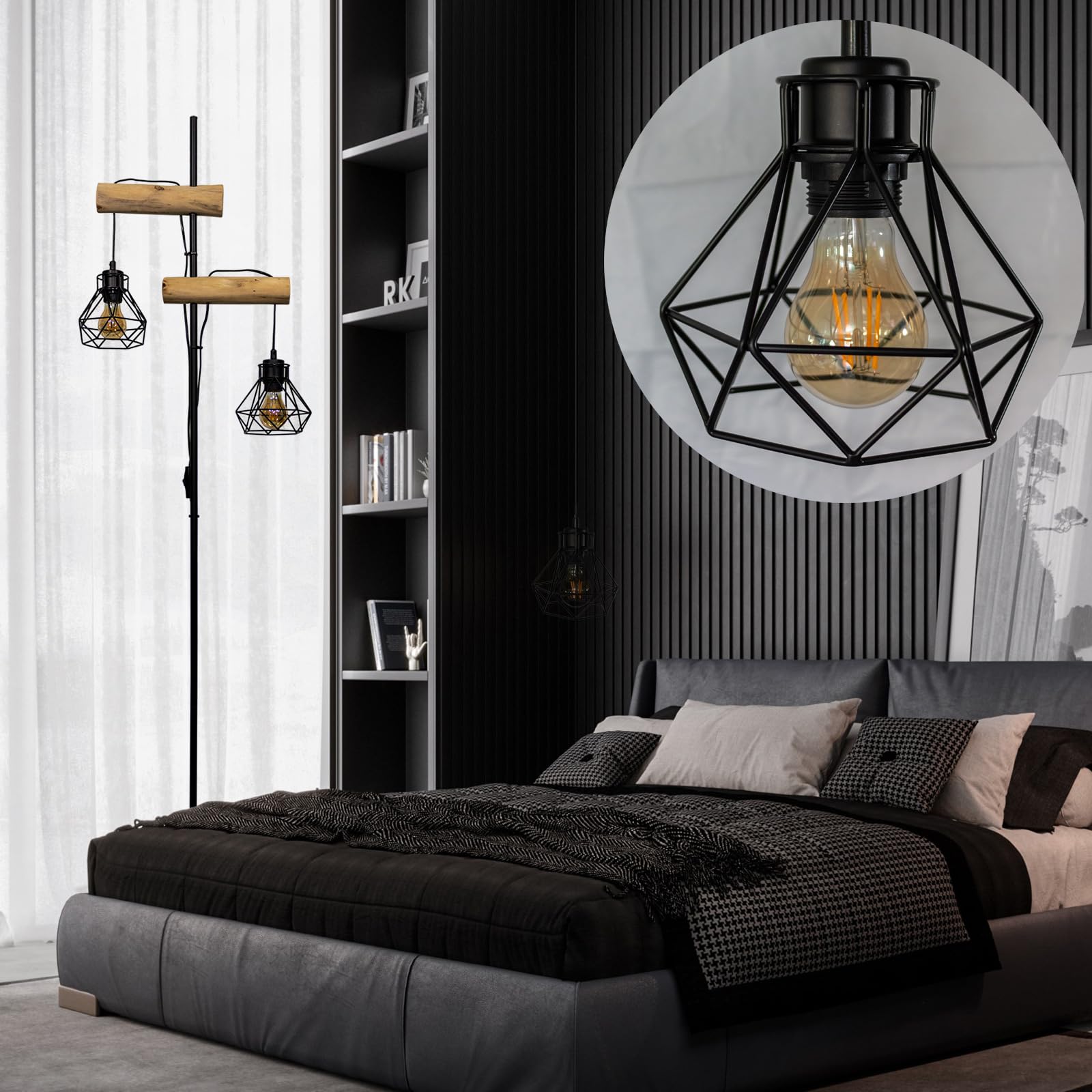 Lámparas de Pie Madera Salón Metal Lámpara de Pie con Pantallas en Forma de Diamante Moderna Lámpara de Salón Decorativa con Doble Interruptor
