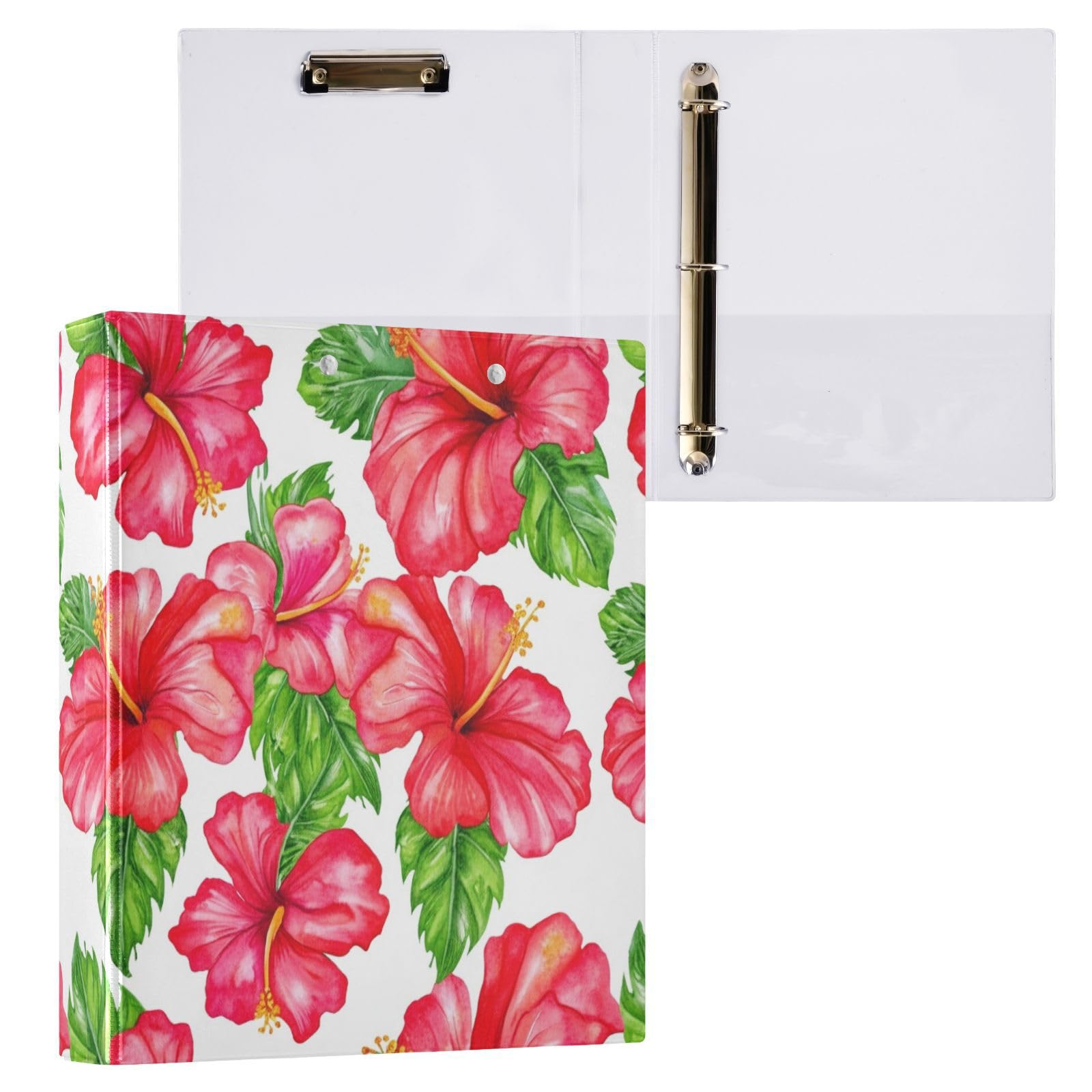 Red Hibiscus Flowers White 3 Ring Binder 1.5 Inch, Flexible D Ring Binder with Pockets, 3 Ring Binders for School, College, Office (2 Pack)