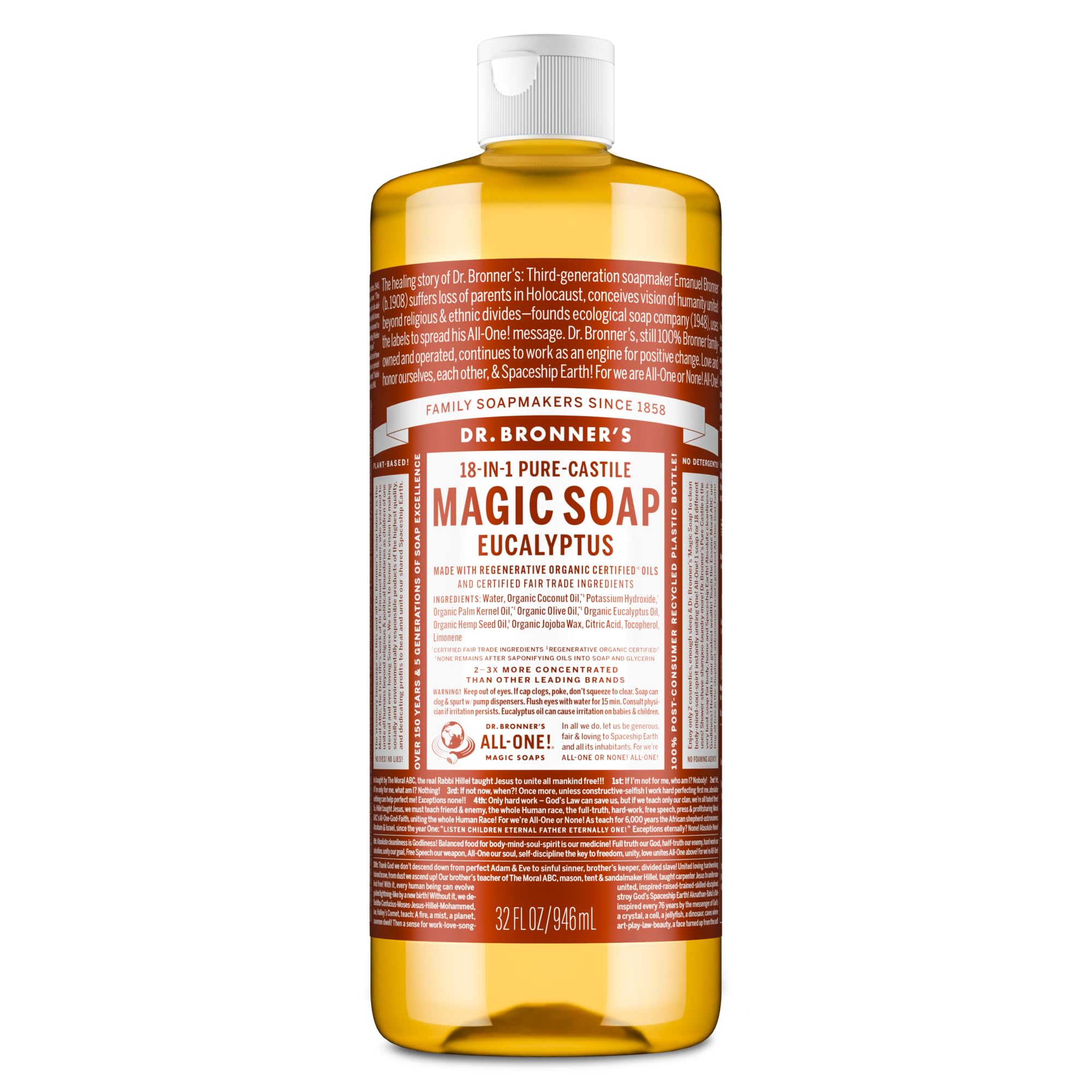 Dr. Bronner's Pure-Castile Magic Soap Liquid (Eucalyptus, 32 Ounce) - Made with Regenerative Organic Certified Oils, 18-in-1 Uses: Face, Body, Hair, Laundry, Pets and Dishes, Concentrated, Vegan