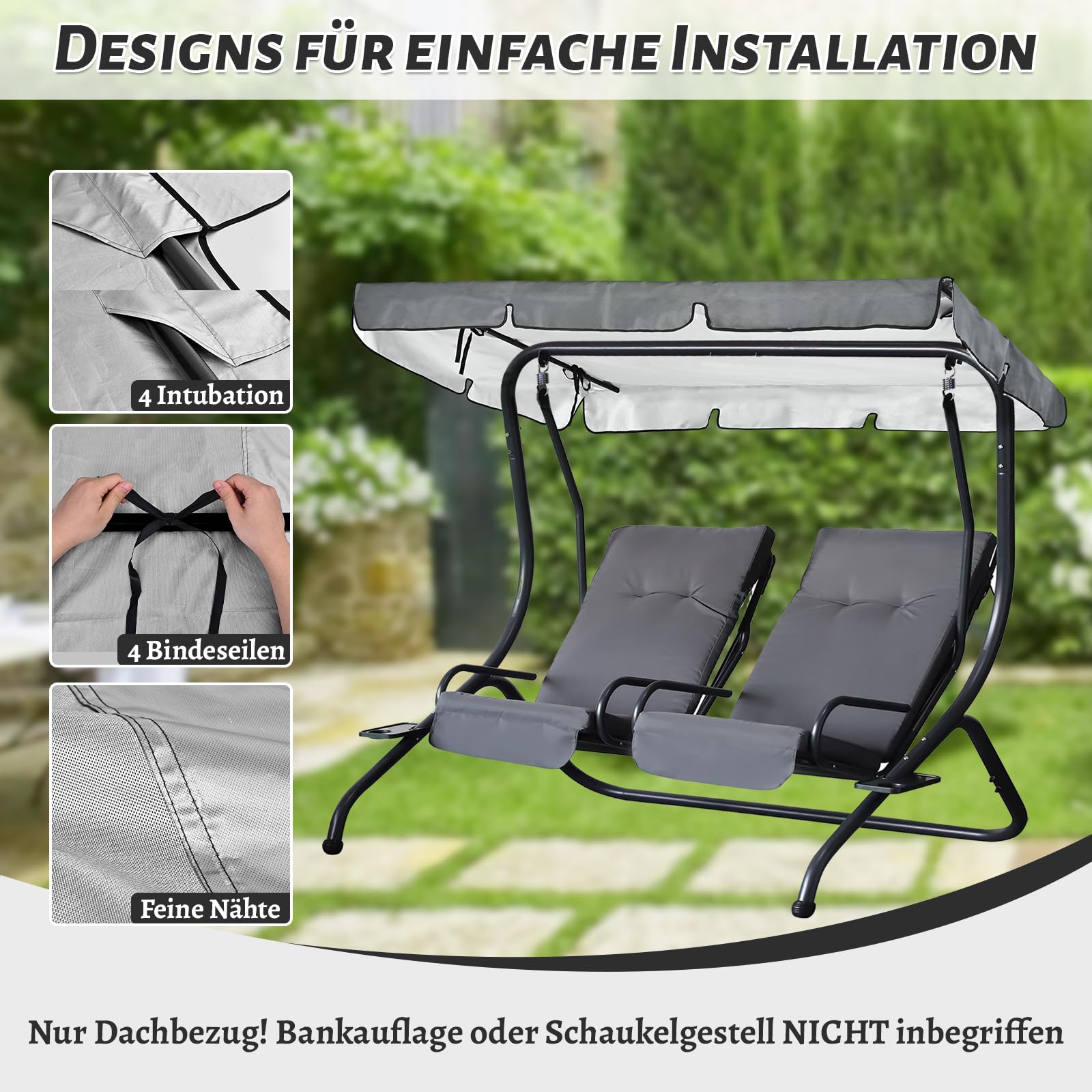 Alishomtll Columpio de jardín de 210 x 145 cm, 420D Oxford universal, toldo de 3 plazas, resistente al agua, techo para columpio de jardín, protección UV, color gris