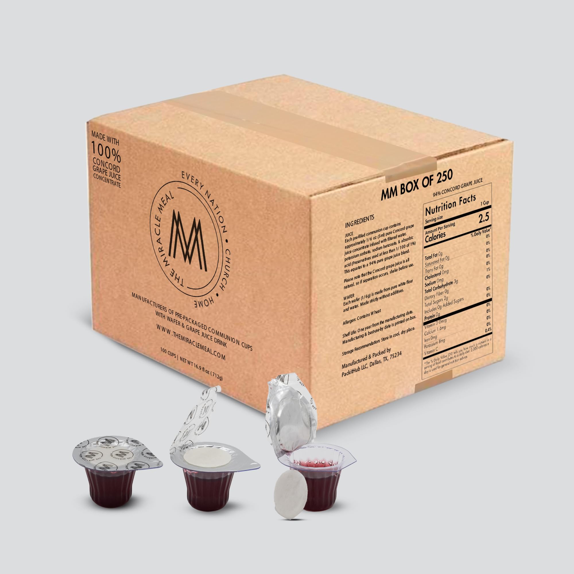 PACK IT HUB The Miracle Meal Pre-filled Communion Cups & Wafer Set - Box of 250 with 100% Trusted Concord Grape Juice & Wafer