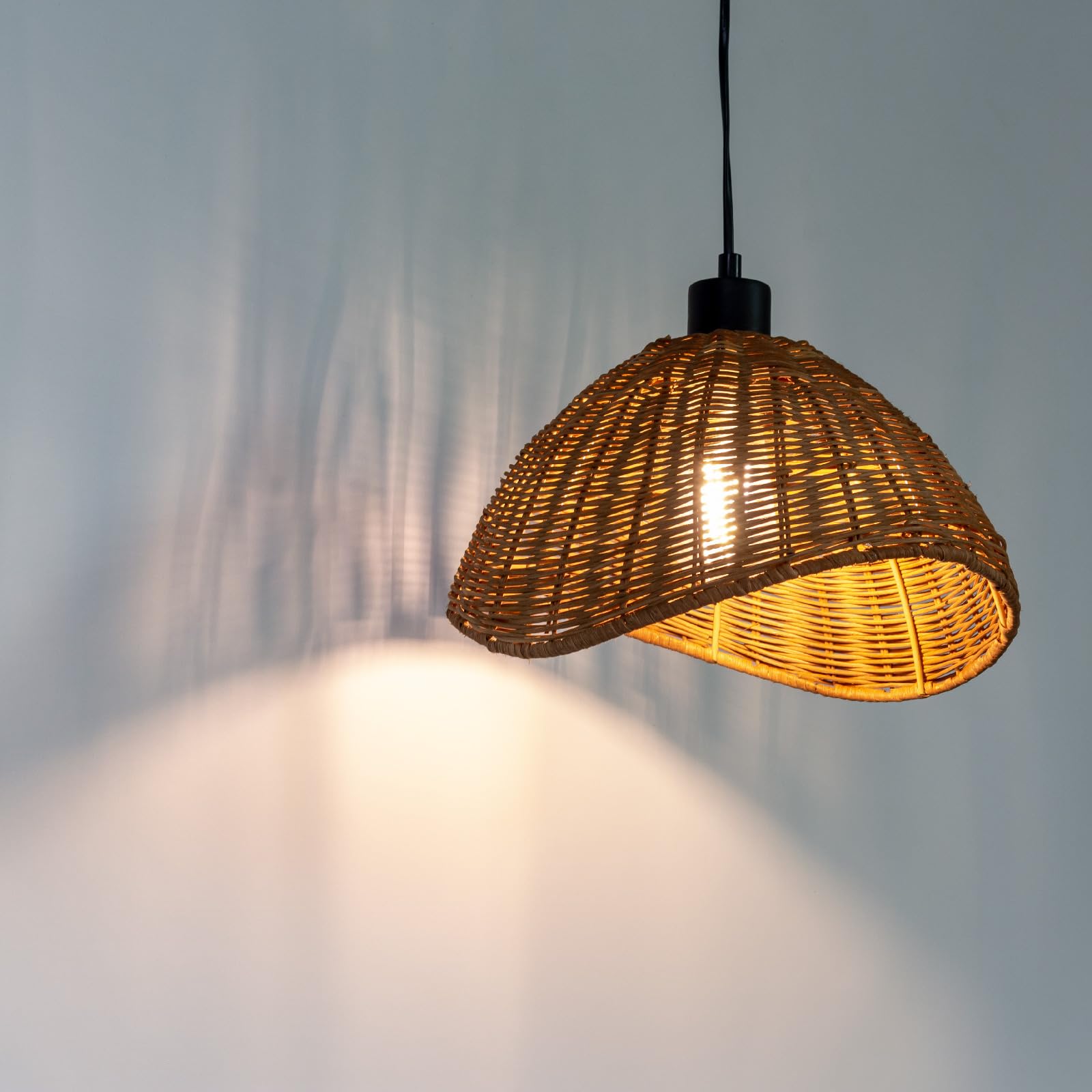 Paralume rustico in rattan con paralume intrecciato a mano per lampada a sospensione, rotondo, E27, design boho, colori naturali (1, verde scuro/marrone)