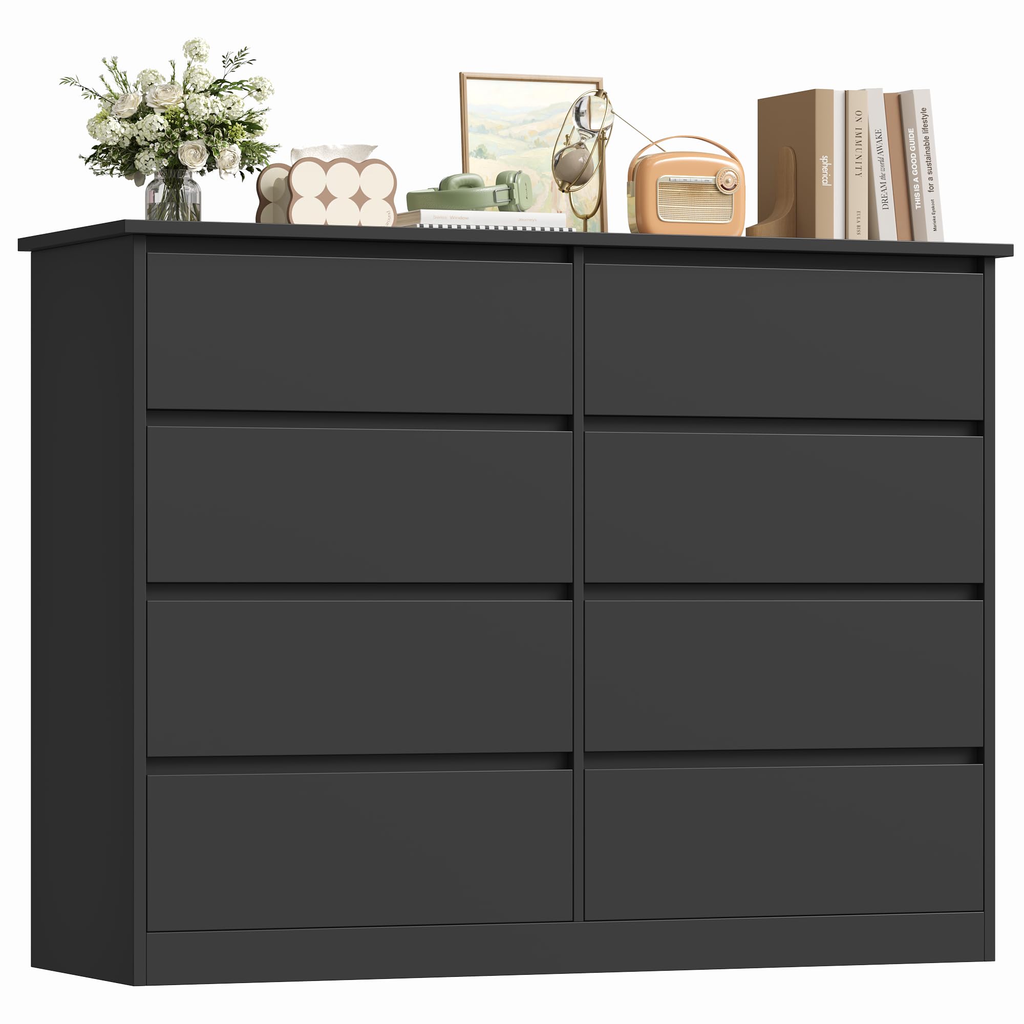 FOREHILL 120 cm Cassettiera con 8 Cassetti, Cassettiera Camera da Letto, Comò Camera da Letto, Mobile con Cassetti Moderna, per Corridoio, Soggiorno, 120x39,5x96cm (Nero)