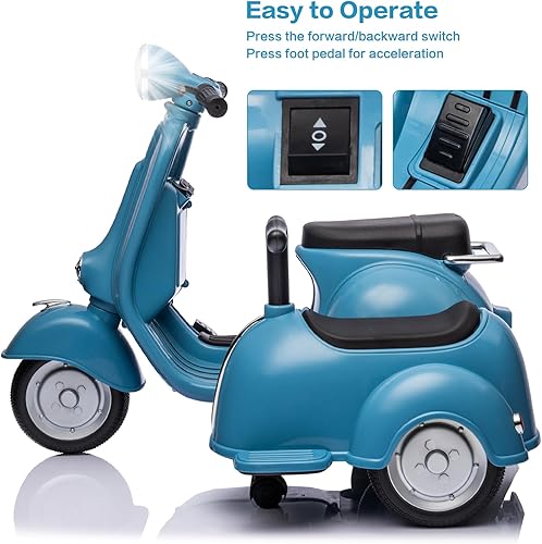 Miniatura 3 de Motocicleta de tres ruedas para niños con coche lateral y altavoz, juguete recargable (azul)