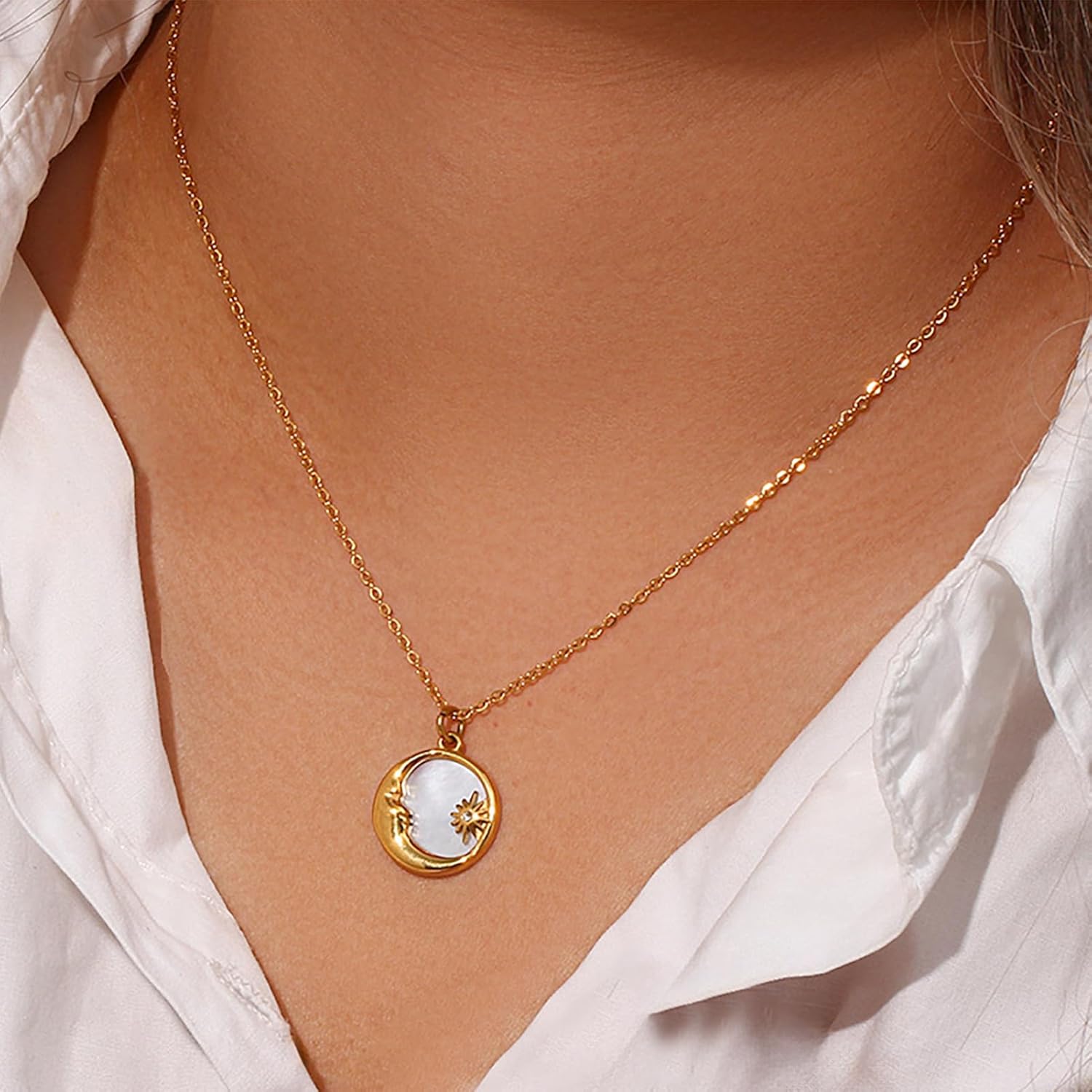 Moon and Star Necklaces for Women 18K Gold Plated Stainless Steel Celestial Jewelry Moon Necklace Star Jewelry Hypoallergenic Gold Coin Pendant Tarot Gifts for Women - Image 2