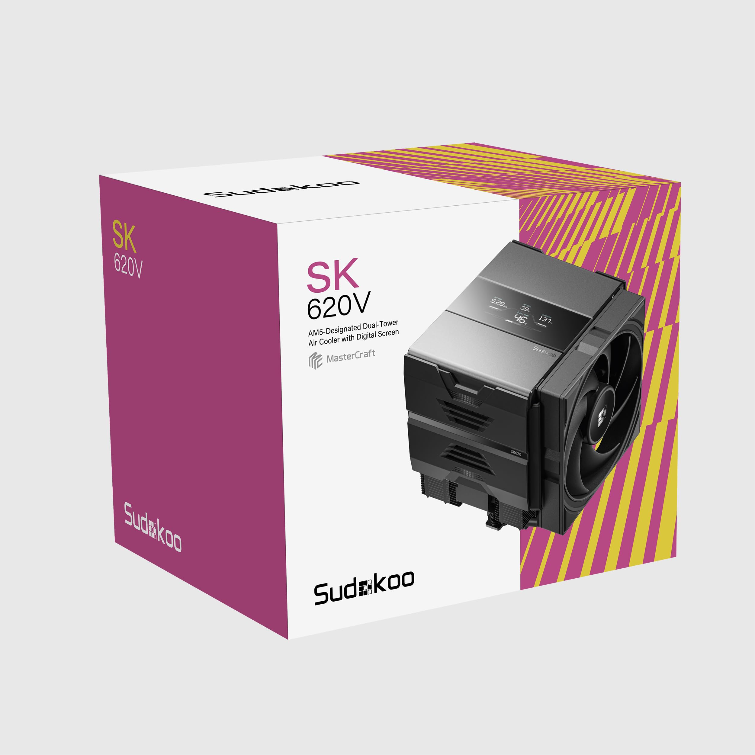 Sudokoo SK620V Disipador CPU AM5: CPU Cooler con Pantalla Digital Solo para AM5 -Doble Torre con Dos PWM FDB Ventiladores de 120mm y 6 HeatPipes, Fácil Montaje Deslizante, 5 Años de Garantía, Negro