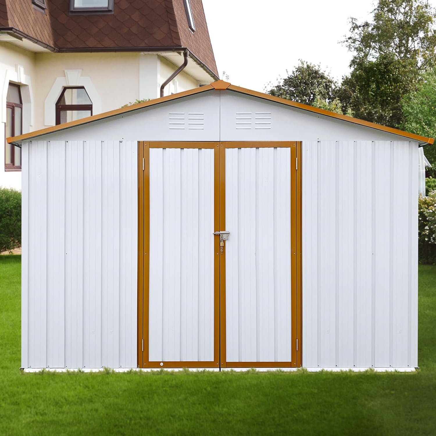 Sheds 12FT x 10FT Outdoor & Storage, Metal Utility Tool House with Lockable Door & Shutter Vents, Waterproof Storage Garden Shed for Backyard Lawn Patio