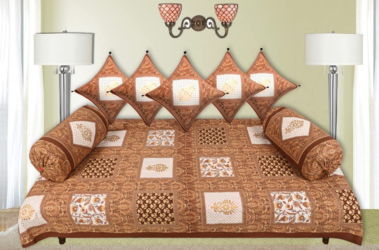 LUBNA Diwan set |BEST Indian Sanganer Printed Diwan Set |BEST FOR HOME DECOR Pure Cotton | Set Contains- 8 Pieces ( 1 Single Bedsheet (60x90) , 2 Boster Covers, 5 Cushion Covers)