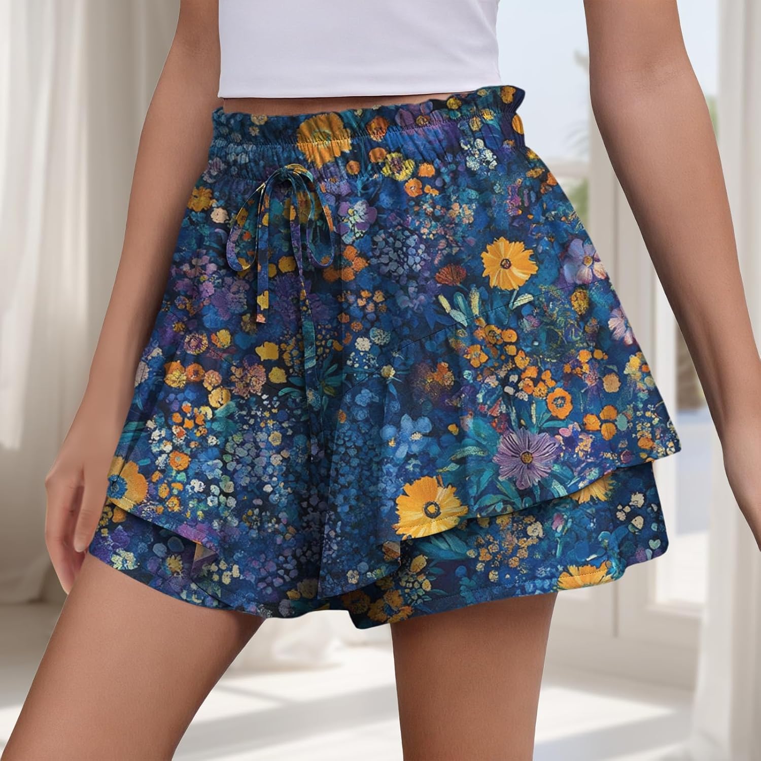 MARSVOVO Summer Cute Shorts for Women Drawstring Pleated Wide Leg Breathable Casual Skort Tiered Flowy Skort - Image 2