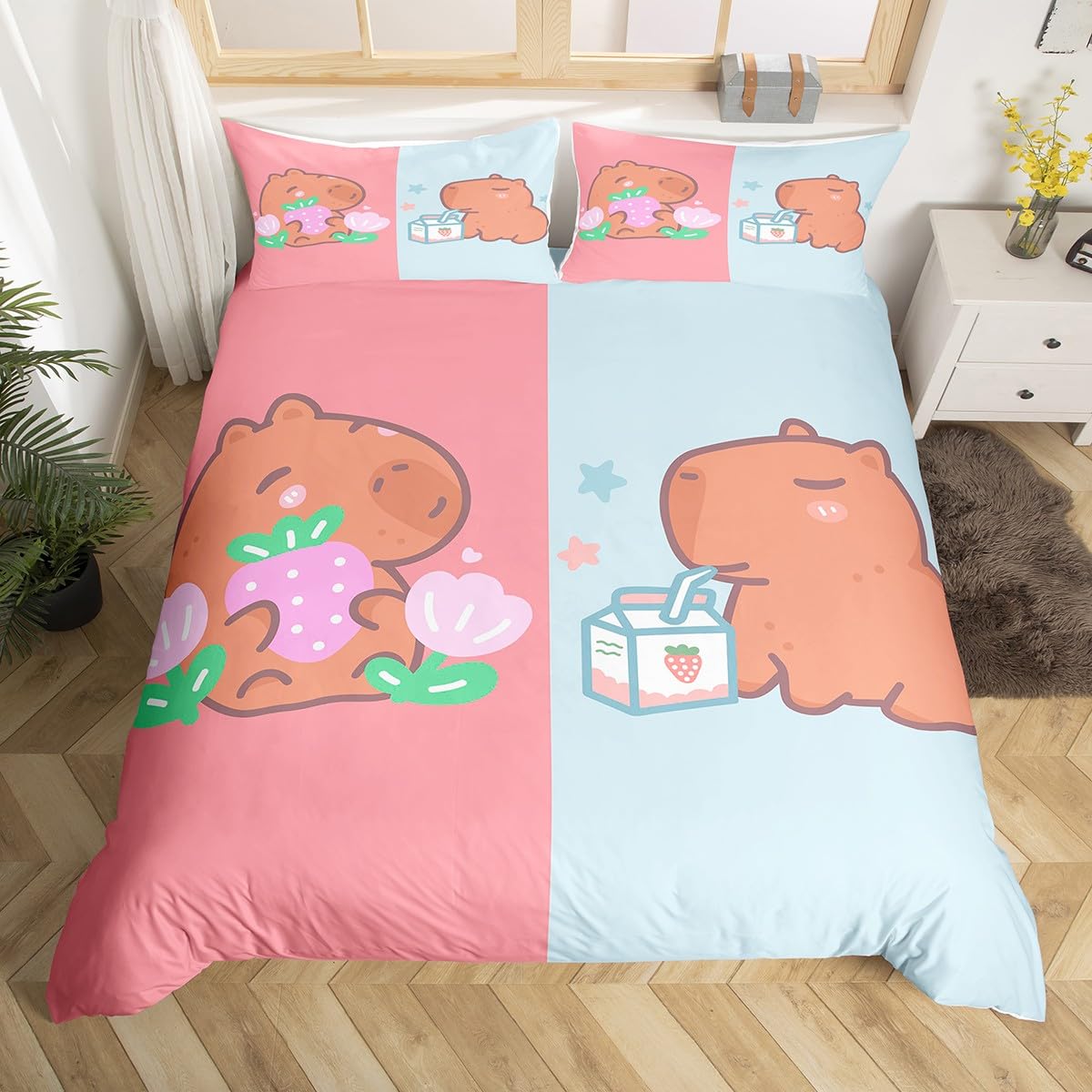 Homewish Cute Capybaras Bedding Set Super King - Kawaii Capybara Rodent Animals Duvet Cover for Kids - Pink and Blue Couple Bed Set with 2 Pillowcases Sweet Room Decor for Teens Girls โ image 1