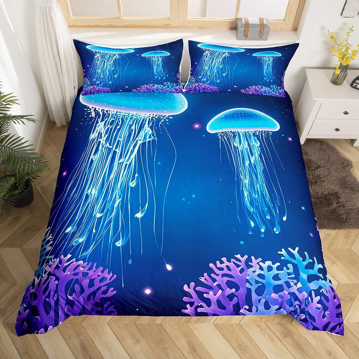 Feelyou Jellyfish Duvet Cover Set Ocean Nautical Comforter Cover Hawaii Beach Bedding Set Sea Animal Coral Quilt Cover 2 Pillowcases Queen Size Blue