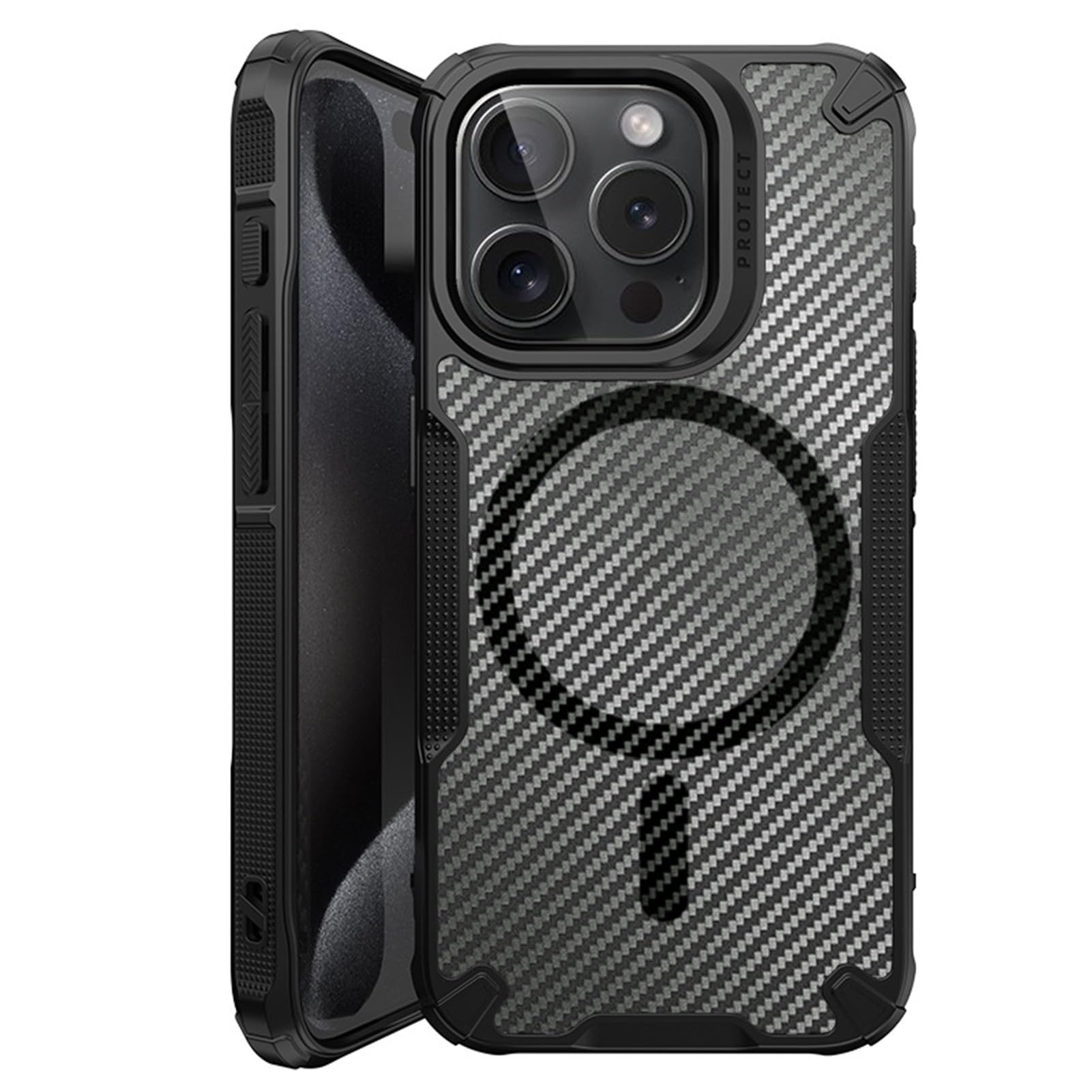 HAZARA Etui na iPhone 15 Pro Max/15 Plus/15 Pro/15, wojskowy pokrowiec ochronny z włókna węglowego tekstura półprzezroczyste tylne logo widoczne etui, 15ProMax