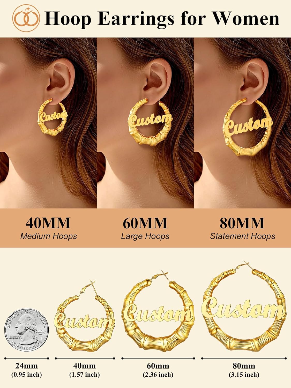 Custom4U Bamboo Hoop Earrings for Women Gold/Silver/Black Large Name Earrings Personalized - Hypoallergenic Lightweight Big Thick Hoops 30/40/50/60/70/80mm - Custom Made Birthday Christmas Gifts
