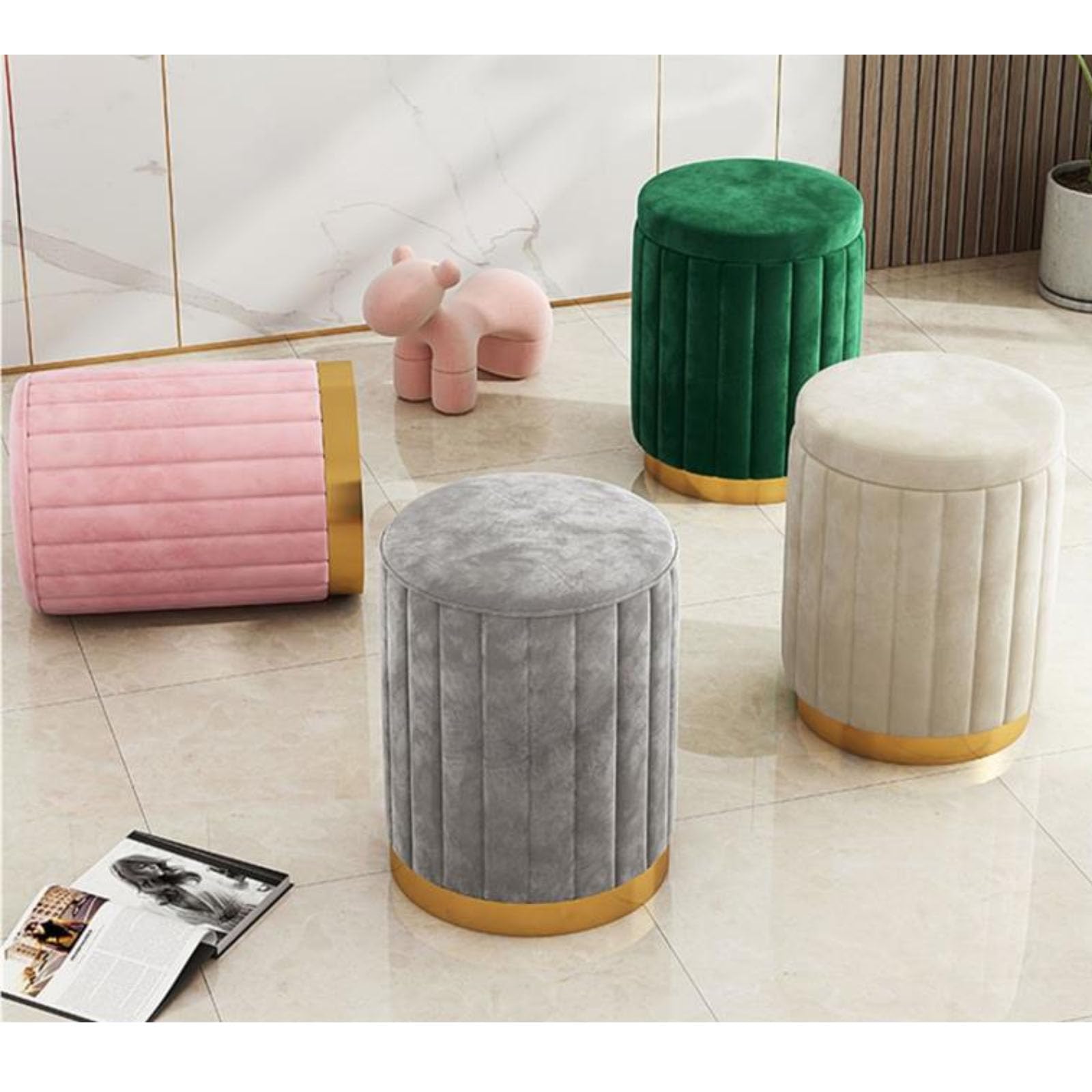 Pouf Contenitore Rotondo in Velluto, Sgabello Moderno con Poggiapiedi E Coperchio Rimovibile, Sgabello Imbottito per Ingresso, Soggiorno, Camera da Letto,Verde