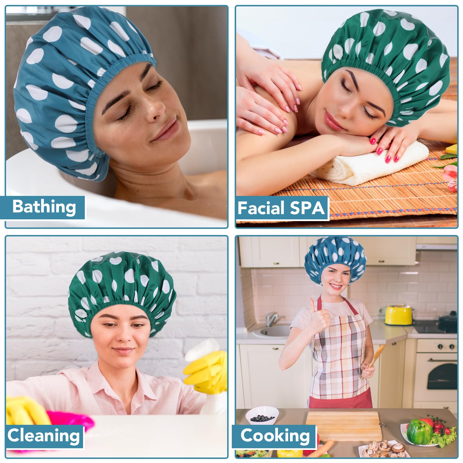 Paquete de 2 gorros de ducha grandes para mujer, reutilizables, impermeables, con coleteros para cabello largo y grueso (azul/verde)