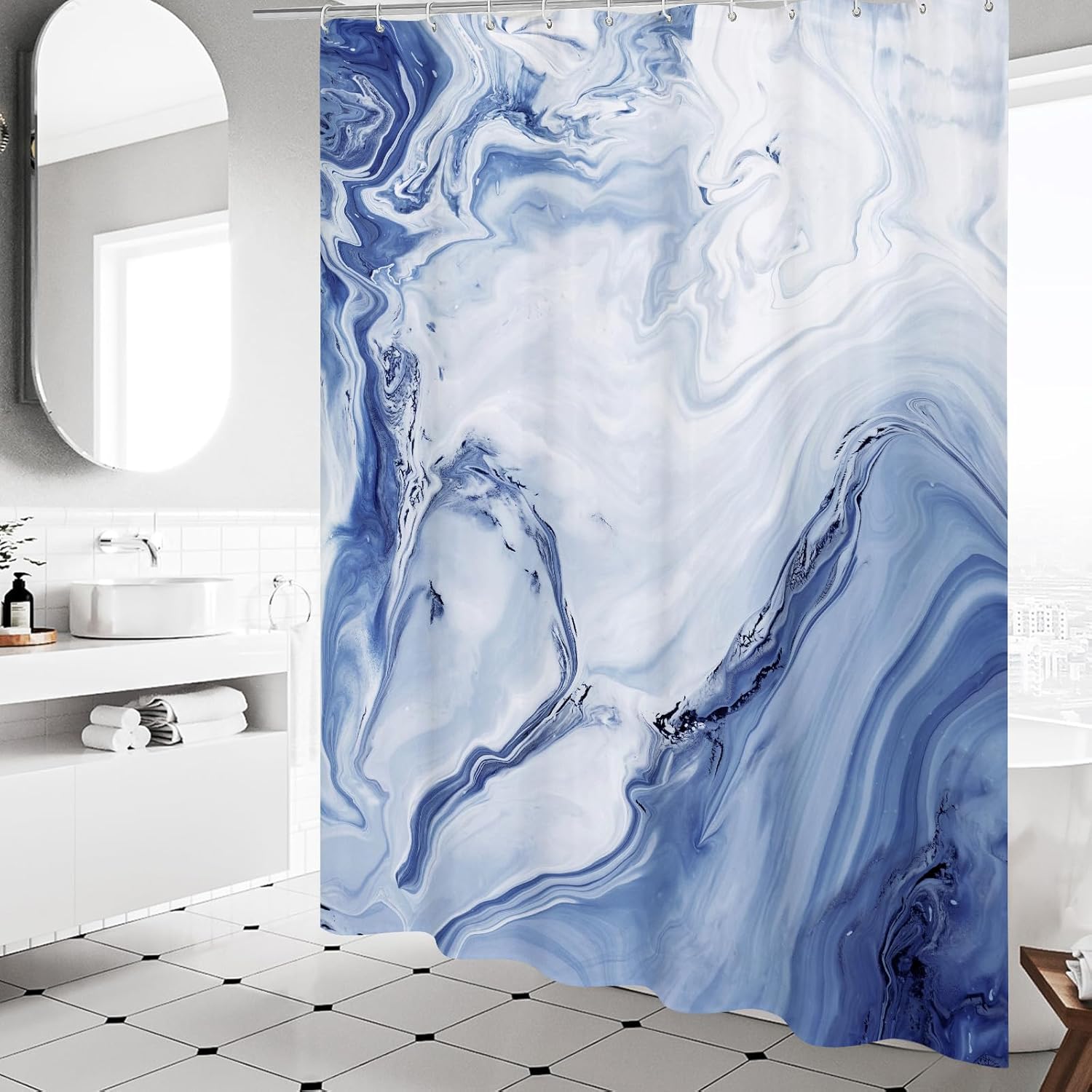 MitoVilla Blue Marble Shower Curtain, Modern Ombre Fabric Cloth Shower Curtains for Luxury Bathroom Decor, Abstract Watercolor Shower Curtain, Navy Blue, 72x72