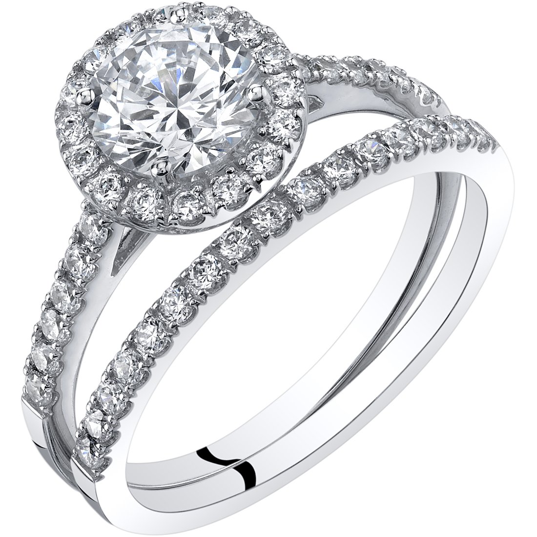 Anillo de compromiso con halo de oro blanco de 14 quilates y alianza de boda para mujer, forma redonda de 1 quilate, color F-G, claridad VVS, tallas 4-10, Metal Gema, Zirconia cúbica
