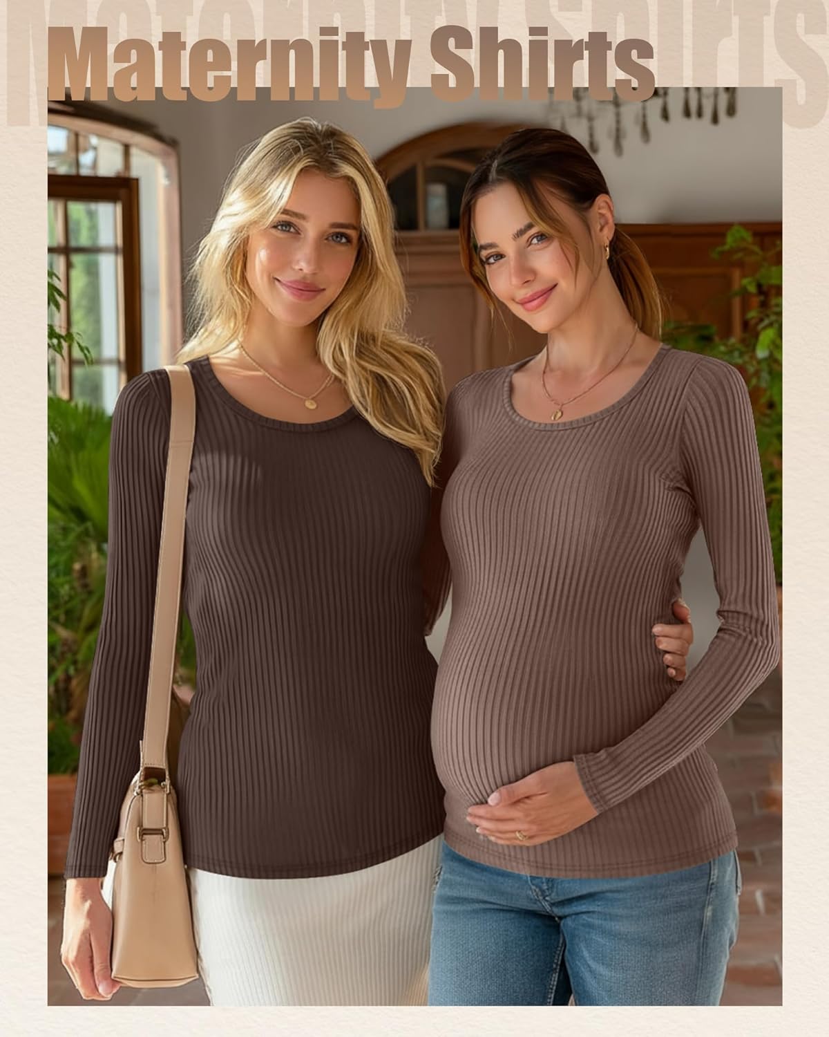 4 Pack Women's Ribbed Maternity Shirts, Scoop Neck Long Sleeve Knit Pregnancy Tops Slim Basic Tee Clothes - Image 2