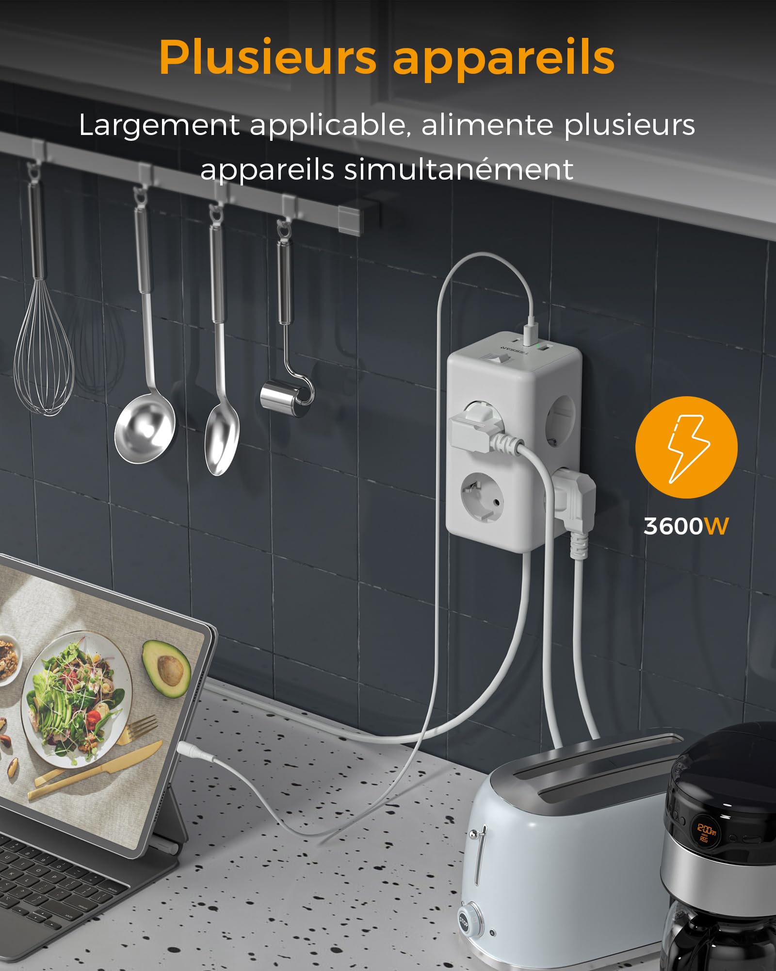 TESSAN Multiprise USB C 9 en 1, 6 Sortie AC, 3 USB, Gris