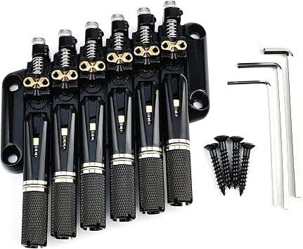 Fanned-fret 6 String Headless Guitar Bridge 10.5mm Headless Fixed Bridge -Brass Saddles Zinc Alloy Plate, Easy Installation/Adjustment, Fits Most 6-String Headless Electric Guitars Black