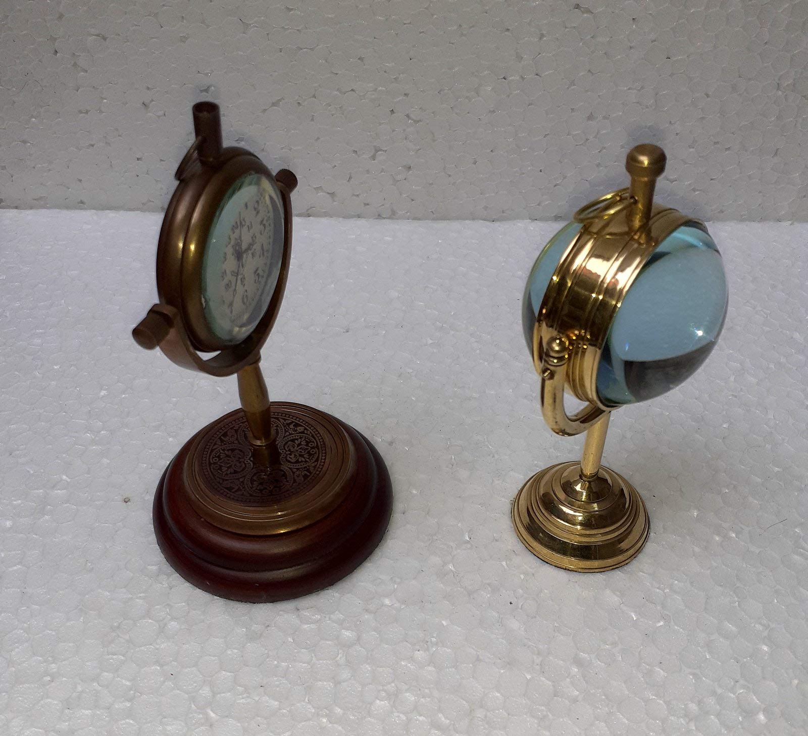 Tischuhr, 2 Stück, goldfarben und braun, antiker Stil, massives Messing und Glas, Globus-Farbe, goldfarben, Größe ca. 10,2 cm