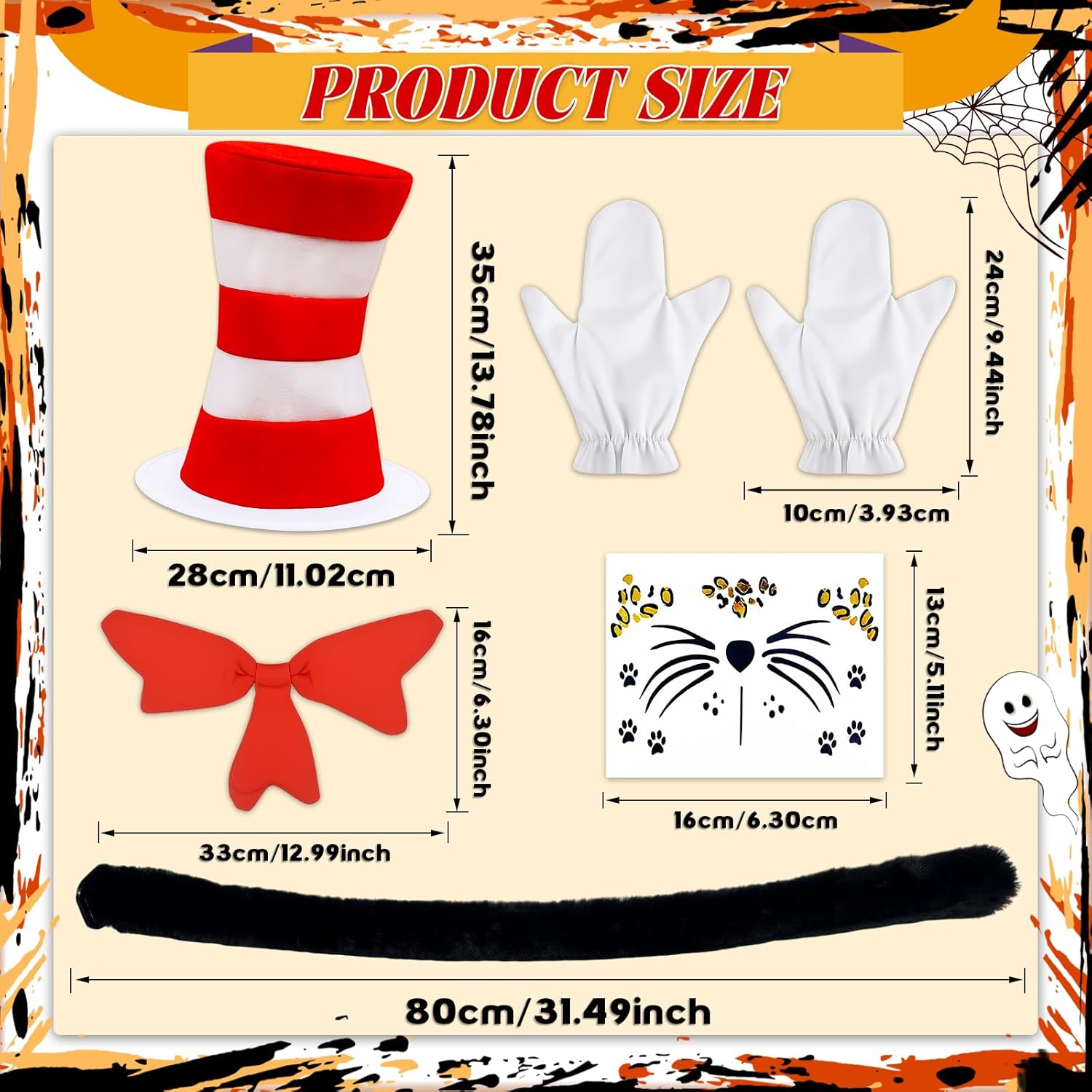 5 Pcs Cat Costume Accessory Set with Red White Striped Hat/Red Bow Tie/31inch Black Tail and White Gloves for Cosplay - Image 3