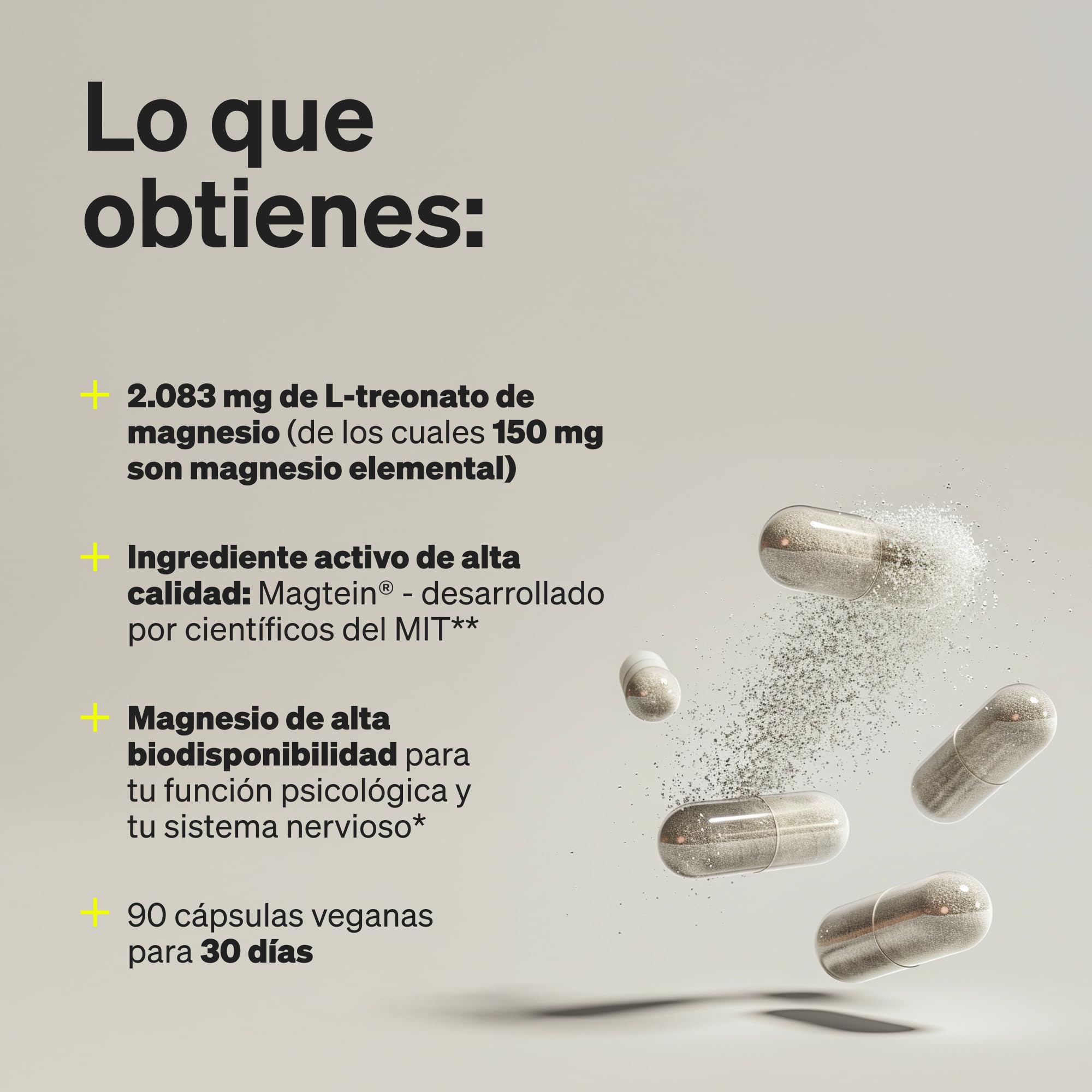Magtein® L-treonato de magnesio - ALTA PUREZA - 2.083mg de magnesio treonato de alta Absorción - Soporte para tus músculos, huesos y nervios - 90 Cápsulas - Probado en laboratorio
