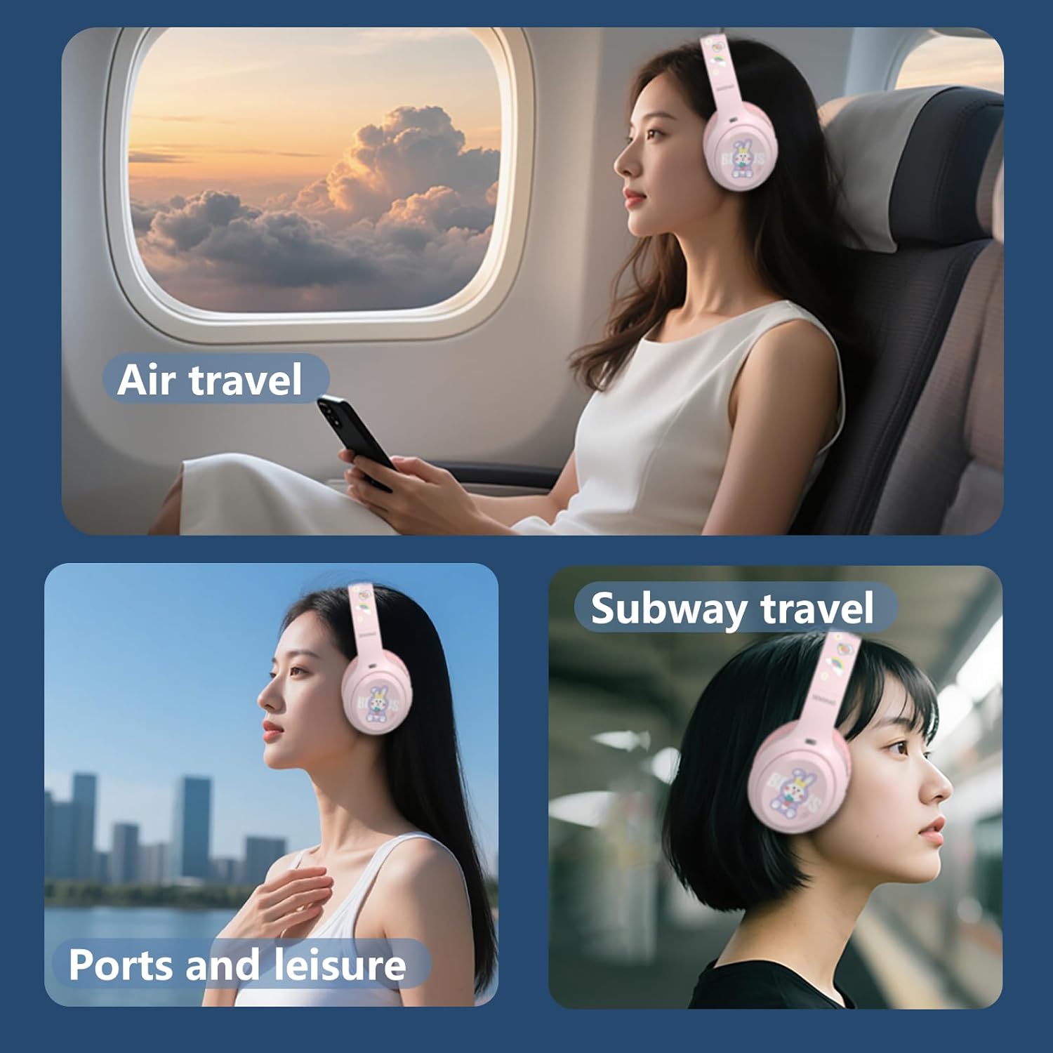 Hybrid Active Noise Cancelling Headphones, Wireless Over Ear Bluetooth Headphones, 60 Hours Playtime, Foldable Headset with Deep Bass, Foam Earmuffs, for Travel, Home Office (Pink) - Image 8