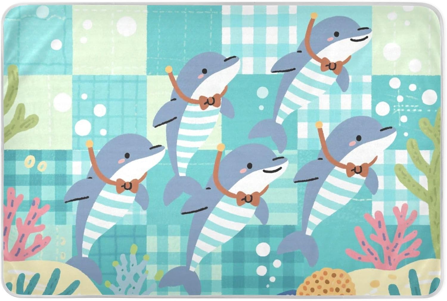 Cartoon Green Plaid Dolphin Diving Extra Large Resuable Toddler Mattress Pads Soft Absorbent Potty Training Mats Anti-Lip Bed Liners for Kids Bedwetting , 52" L x 34" W