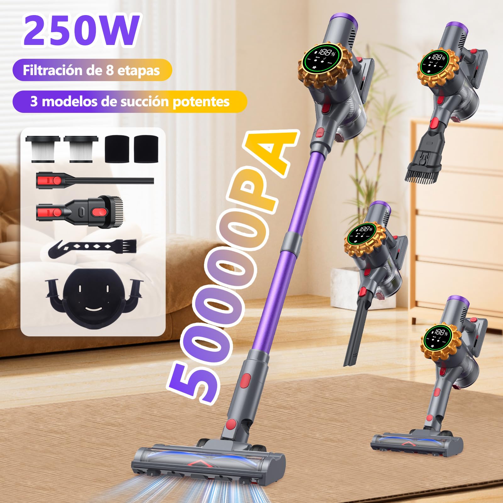 Aspiradora con batería, 50000 PA, aspiradora inalámbrica con pantalla LED, aspiradora ligera con batería, aspiradora de mano, potente potencia de succión para pelo de animales, alfombras