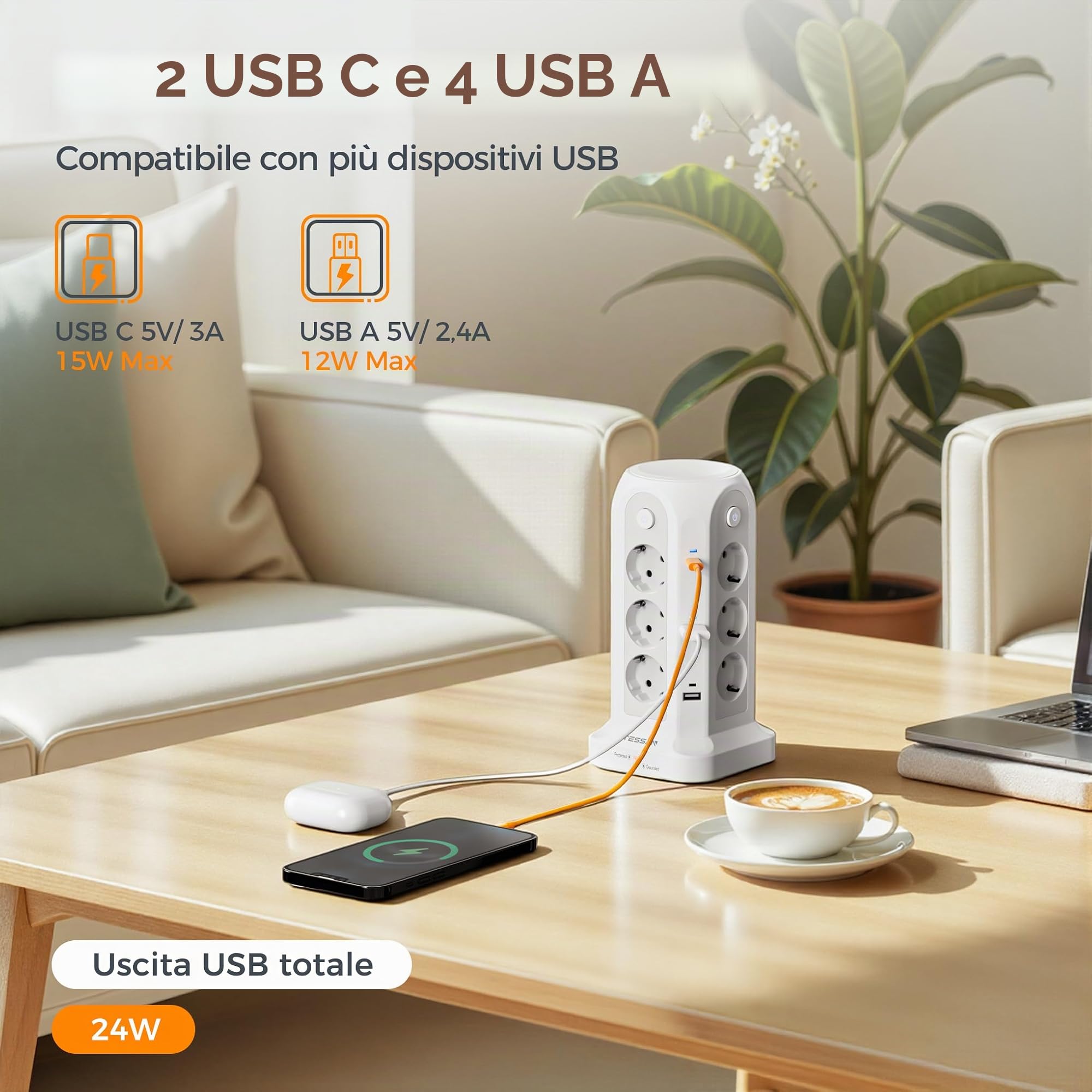 TESSAN Ciabatta Multipresa 12 Schuko con 6 USB, Torretta Multipresa con Interruttore e Prolunga Elettrica 5 Metri, 15W Ricarica rapida per Phone, Pad, Adattatore EU per Ufficio, Casa, Bianca