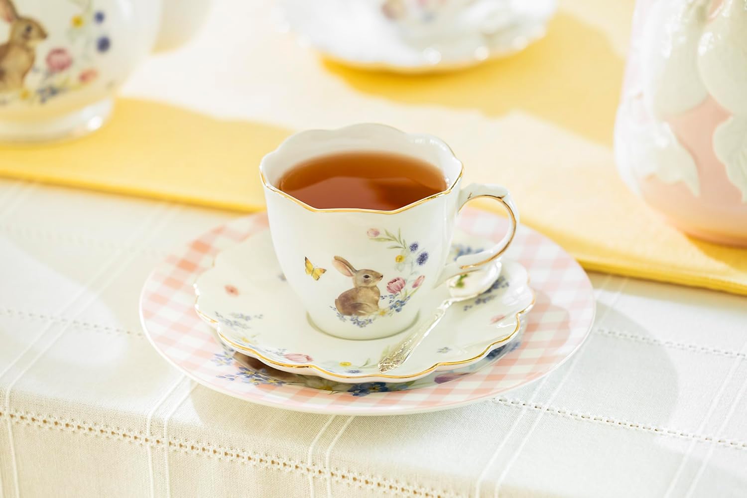 Meadow Bunny Tea Cup and Saucer with Gold Trim, Spring Easter Bunny Floral and Butterfly Tea Cup and Saucer Set