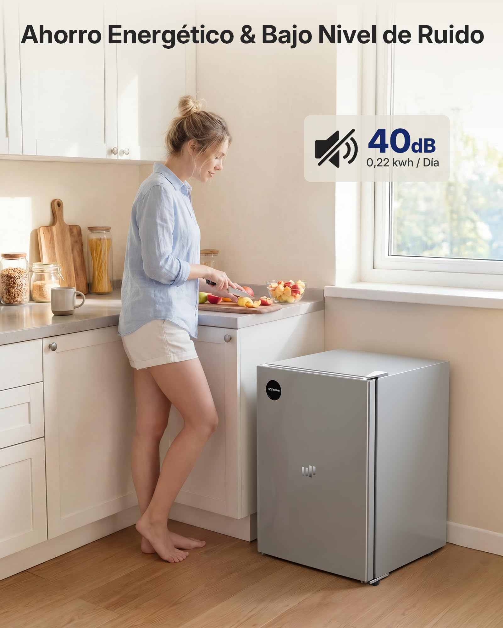 Upstreman 71L Frigorífico Sin Congelador, 1-10°C 7-niveles Regulación de Temperatura, LED-Beleuchtung, 40 dB Silencioso, Energéticamente Eficiente para Dormitorio, Oficina, Cocina, CR71- -Plata