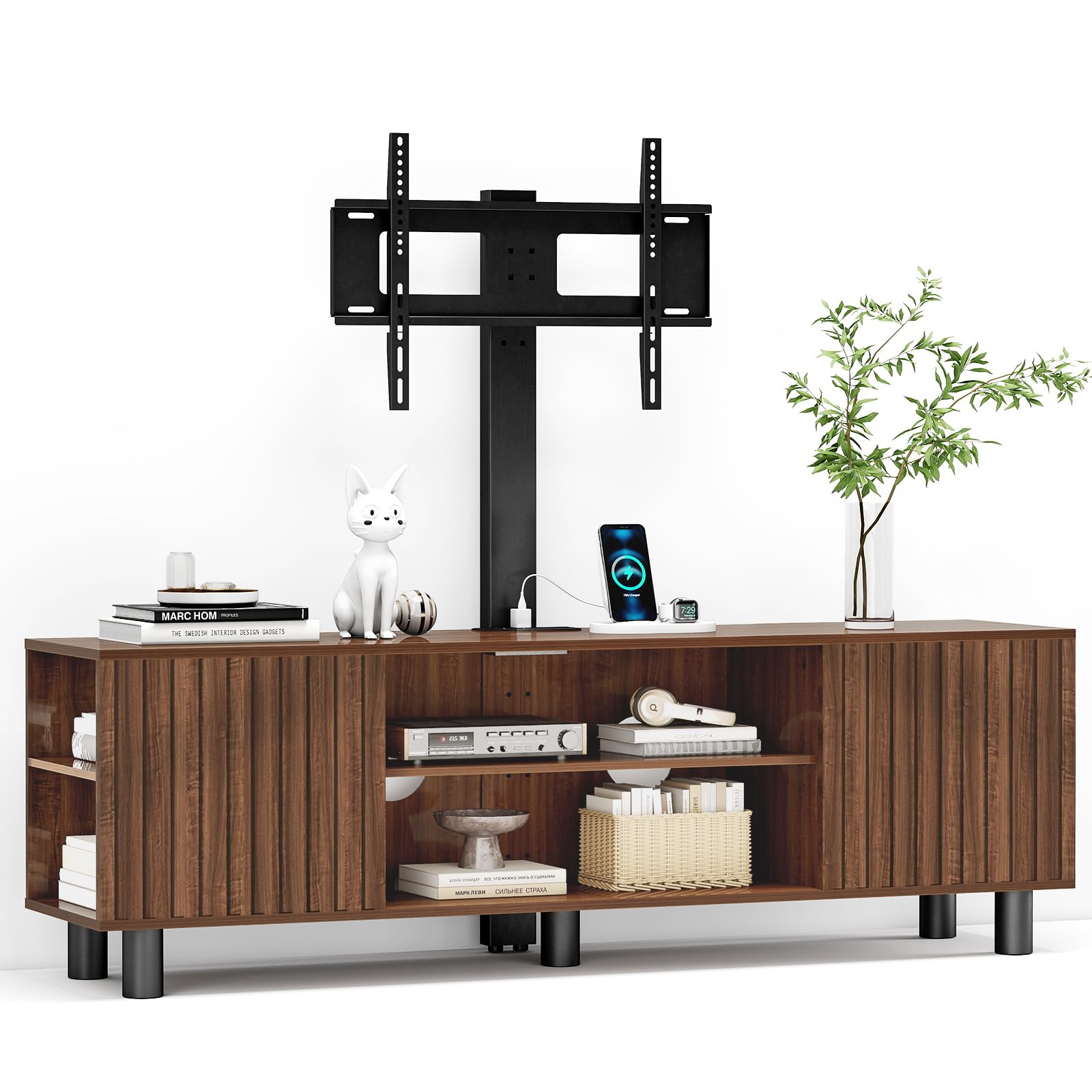 TV-Stand with Mount and Power Outlet, Fluted TV Stand for 65 70 75 Inch TV, Entertainment Center with Storage, Media Console Table for Living Room, Walnut