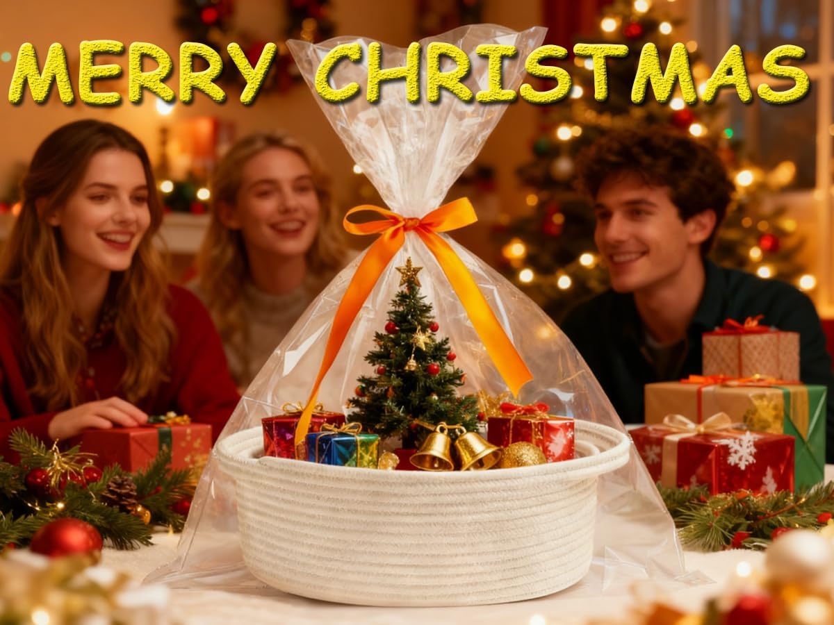 Gift Basket Empty, Small Woven Storage Basket with Gift Bags & Ribbons, Cotton Rope Room Shelf Storage Basket with Handle for Organizer Nursery Bins or Baby Shower 12" x 8" x 5" (White, 4 Pack)