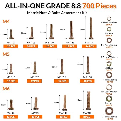 Miniatura 2 de Histely - Juego de 700 tuercas y pernos métricos de grado 8.8, juego surtido de tuercas y pernos M4 M5 M6, juego de tornillos y arandelas de cabeza