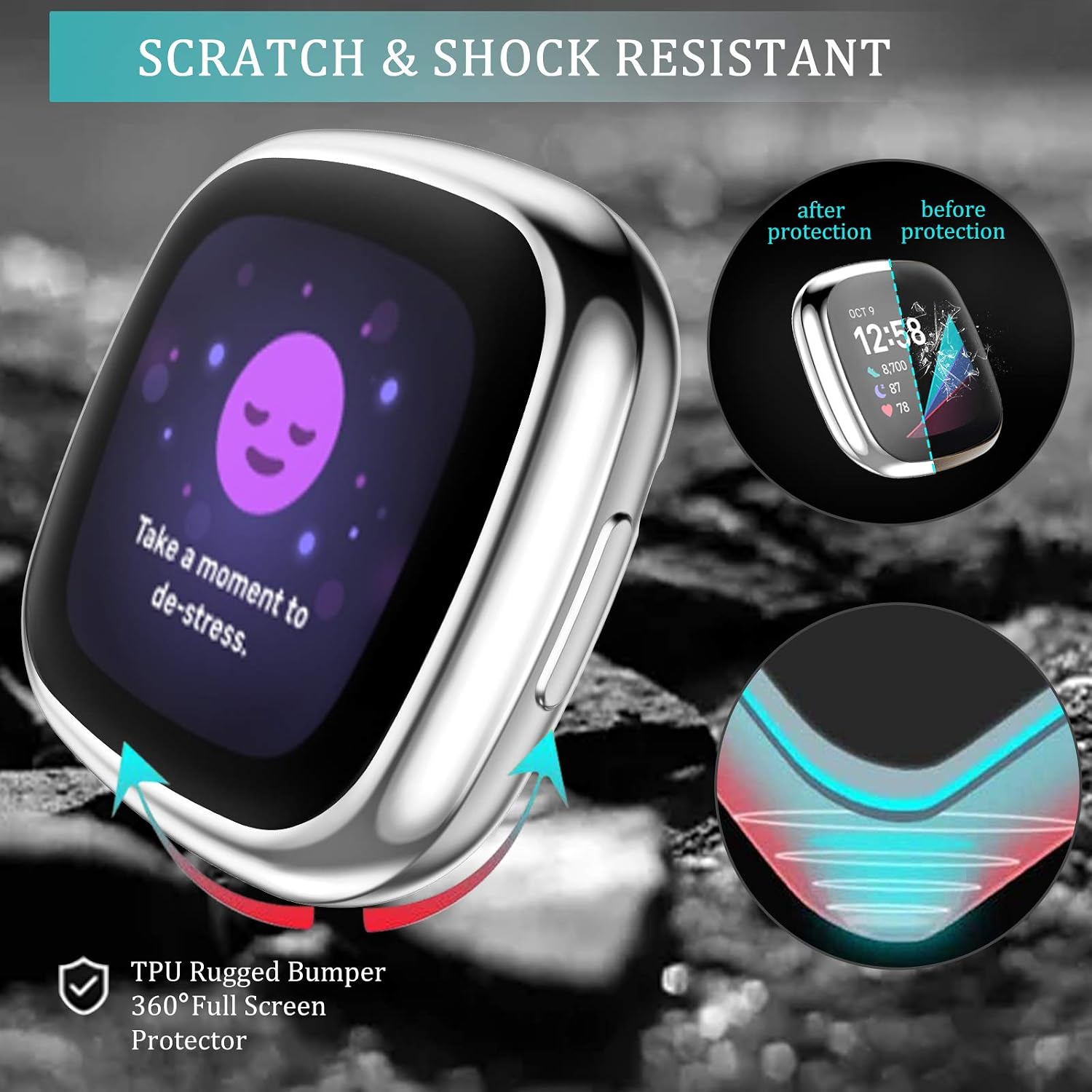 Maledan Screen Protector Case Compatible with Fitbit Sense & Versa 3, 3 Pack Full Protective Case Cover for Fitbit Versa 3/Sense Smartwatch Accessories for Women, Clear/Rose Pink/Silver