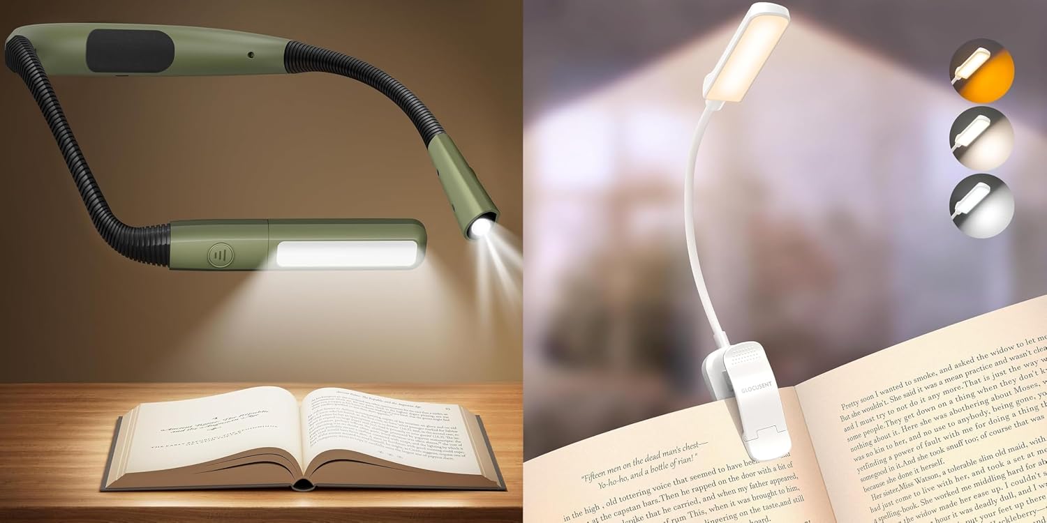 Glocusent Reading Light Duo: Hands-Free Bendable Neck Light (100H) + Ultra-Portable Clip-On Light (120H) — 220 Hours of Total Battery Freedom & Fully Customizable Light for Every Reader