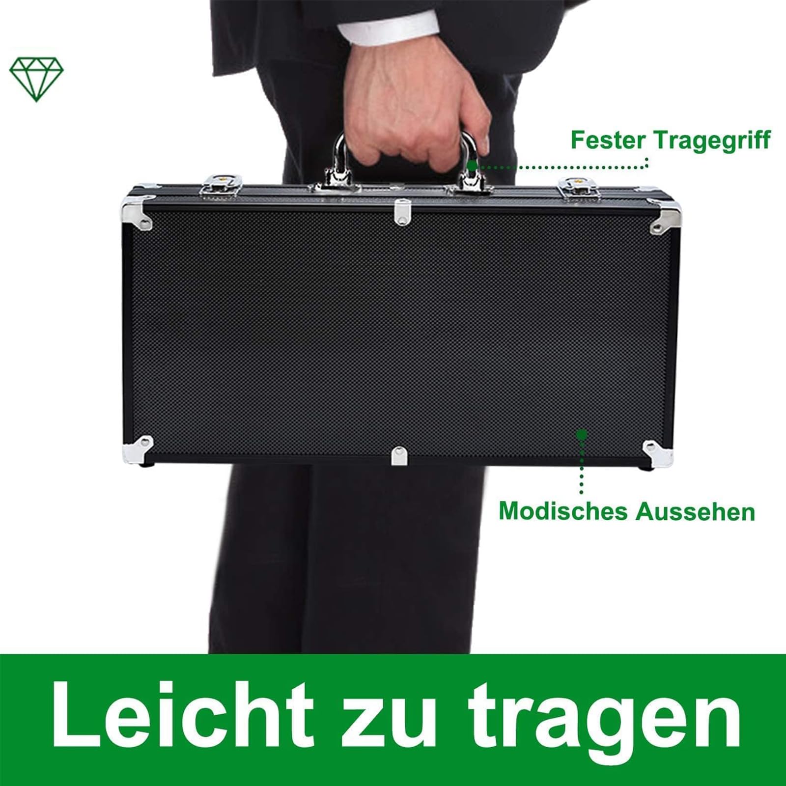 Aufun Pokerkoffer 500 Chips Laser Pokerchips 12 Gramm Metallkern, inkl. 2X Pokerdecks, 5X Würfel, Dealer Button, Big Blind, Little Blind, Poker-Set mit Schwarz Aluminium Gehäuse mit 2 Schlüssel