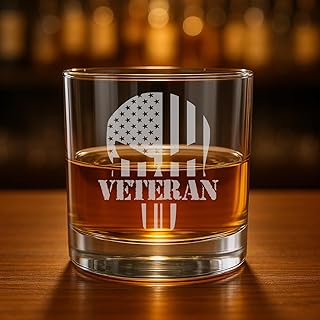 yENGRAVE Veteran Skull Whiskey Glass – Custom Engraved 11 oz Bourbon Glass – Personalized Military Gift for Army, Navy, Marines, or Air Force Veterans – Patriotic Retirement Gift