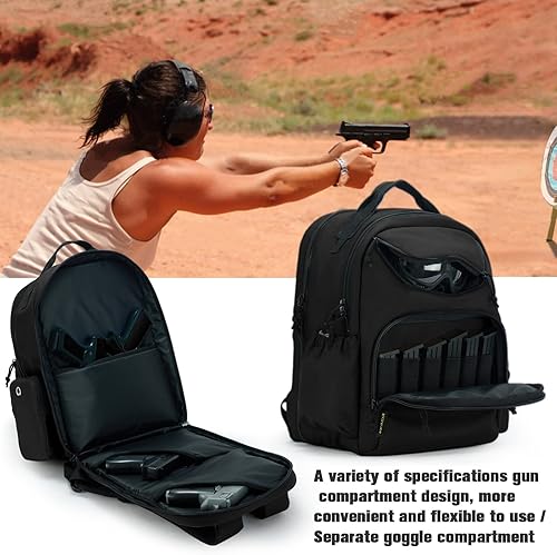 Miniatura 3 de VEAGIA Mochila de gama Bolsa de gama de pistola para pistolas y municiones Casos de pistola Bolsas con bolsa de gafascremalleras bloqueables a