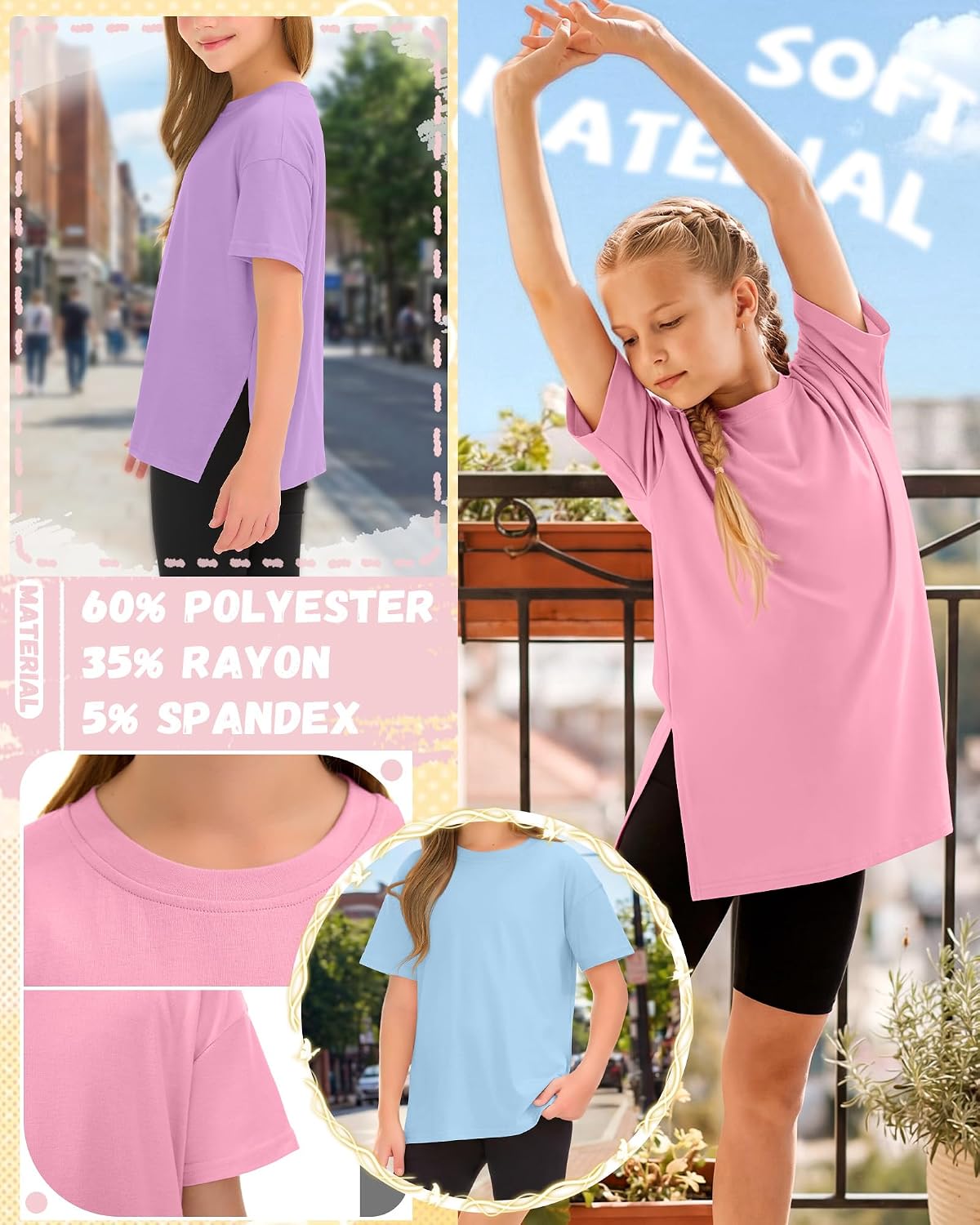 3 Pack Teen Girls T Shirts Short Sleeve Kids Summer Crewneck Loose Tops Tween Oversized Side Split Basic Tees 5-14Y