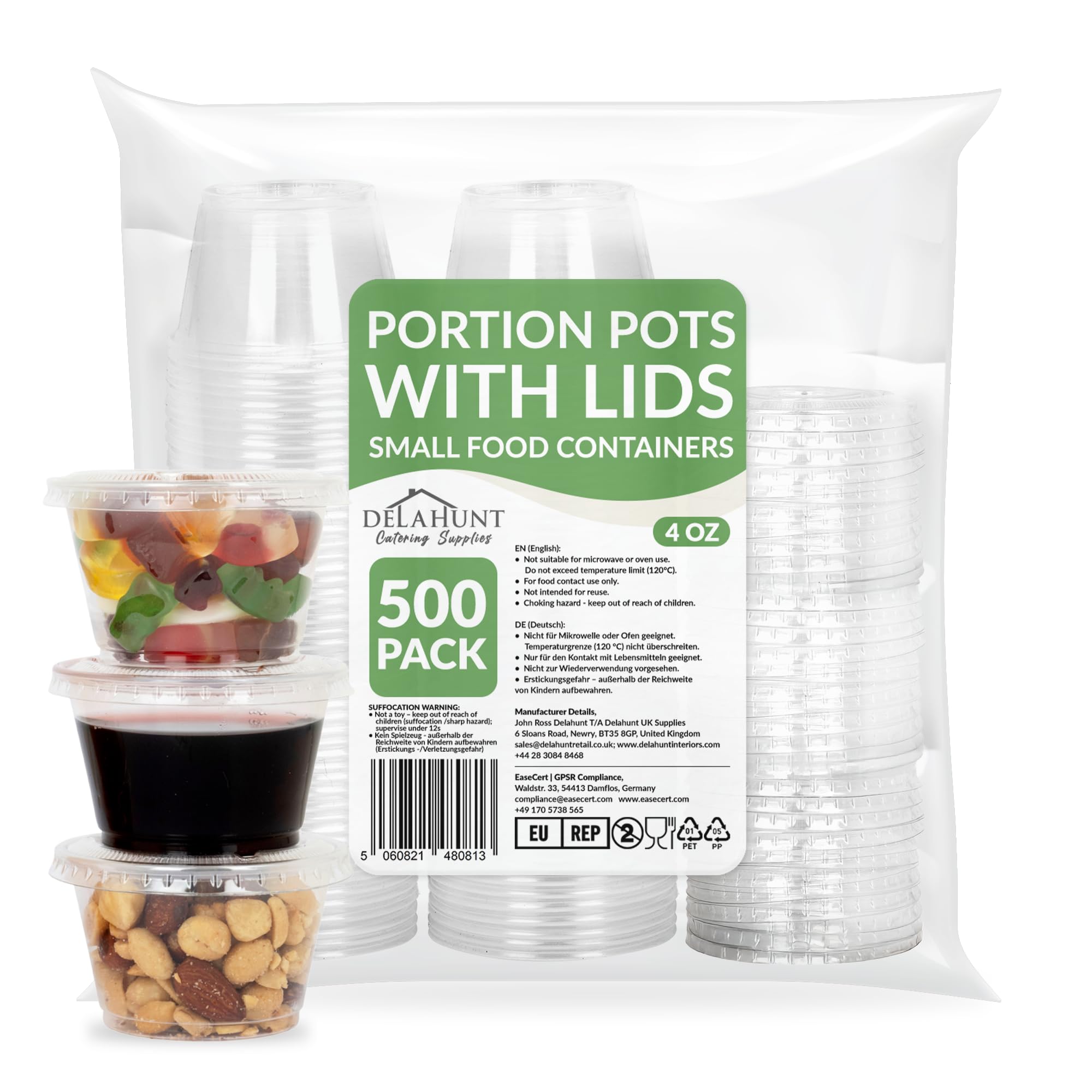 Delahunt Catering Supplies 4oz (120ml) Clear Plastic Portion Pots with Lids [500 Pack] - Small Round Leakproof Containers for Food Preparation, Portion Control, Ingredient Storage and Meal Prep