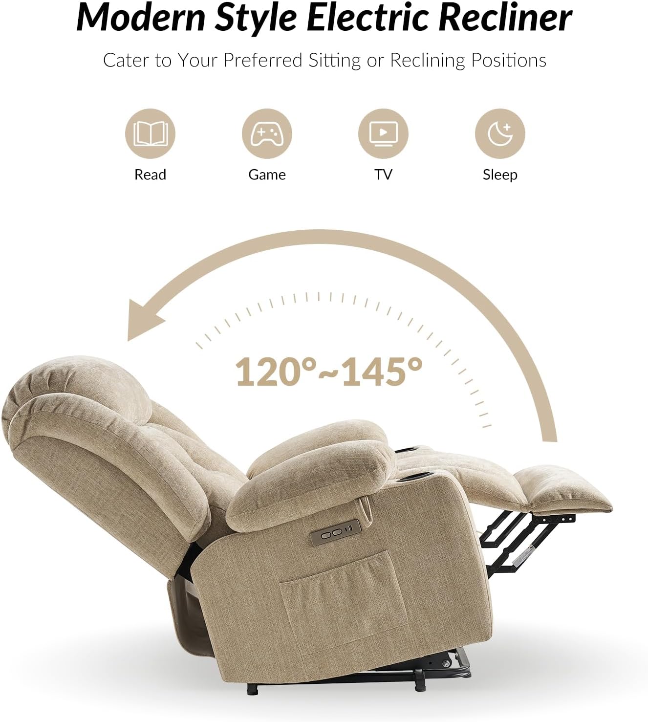 HULALA HOME Large Power Lift Recliner Chairs for Elderly with Massage and Heat, 2 Side Pockets, and Cup Holders, 3 Positions, USB Ports, Chenille Beige